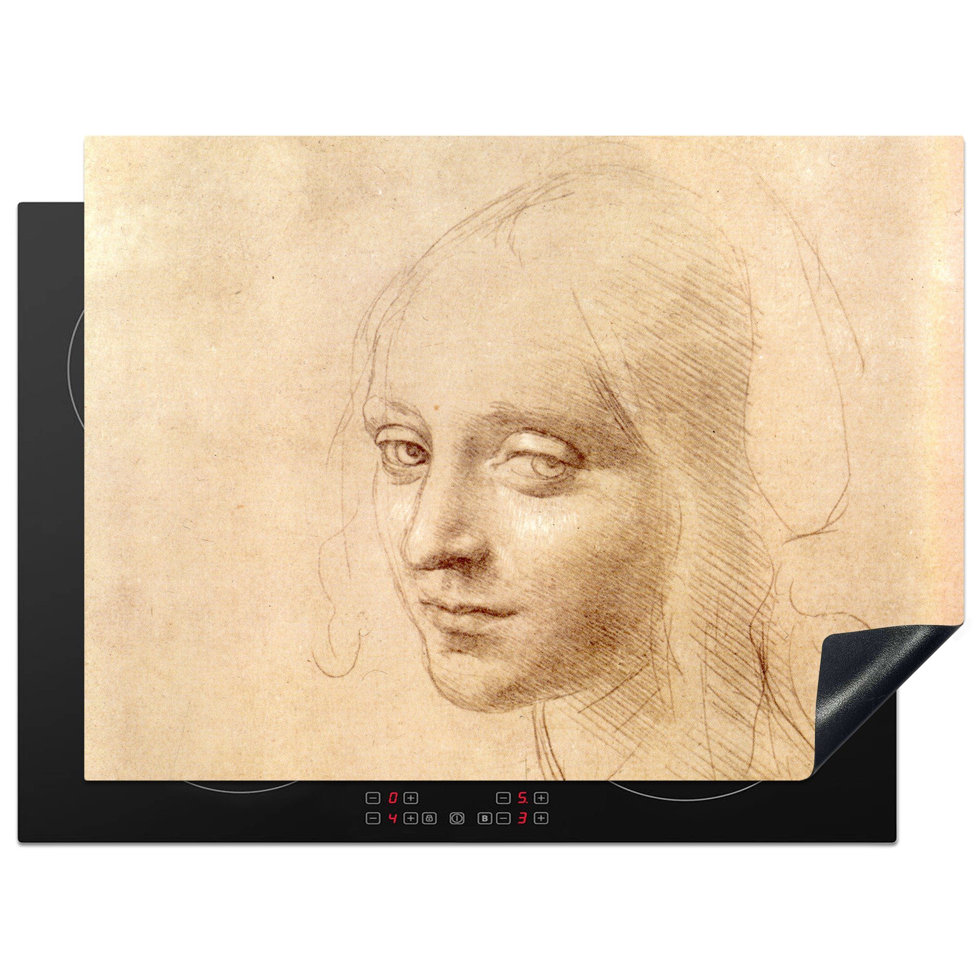 MuchoWow Herdblende-/Abdeckplatte Skizze - Leonardo da Vinci, Vinyl, (1 tlg), 70x52 cm, Mobile Arbeitsfläche nutzbar, Ceranfeldabdeckung