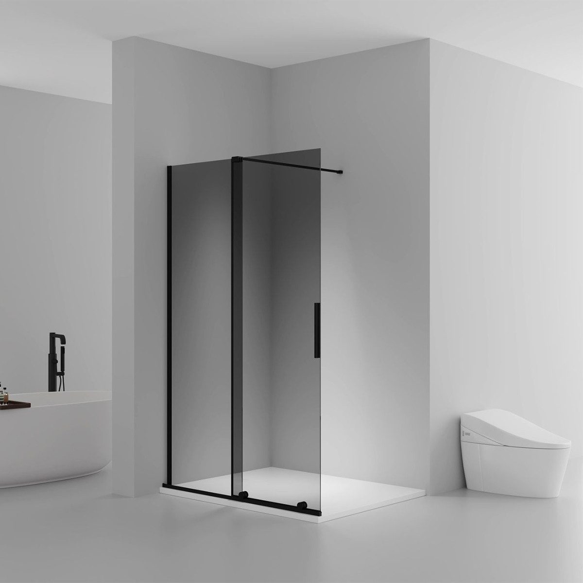Belvit Walk-in-Dusche mit Schiebetür 120x200 cm aus 8 mm Sicherheitsglas, Schwarz oder Chrom, Sicherheitsglas, (Spar-Set), Anti Kalk Beschichtung, beidseitig montierbar, mit Softclose-Funktion