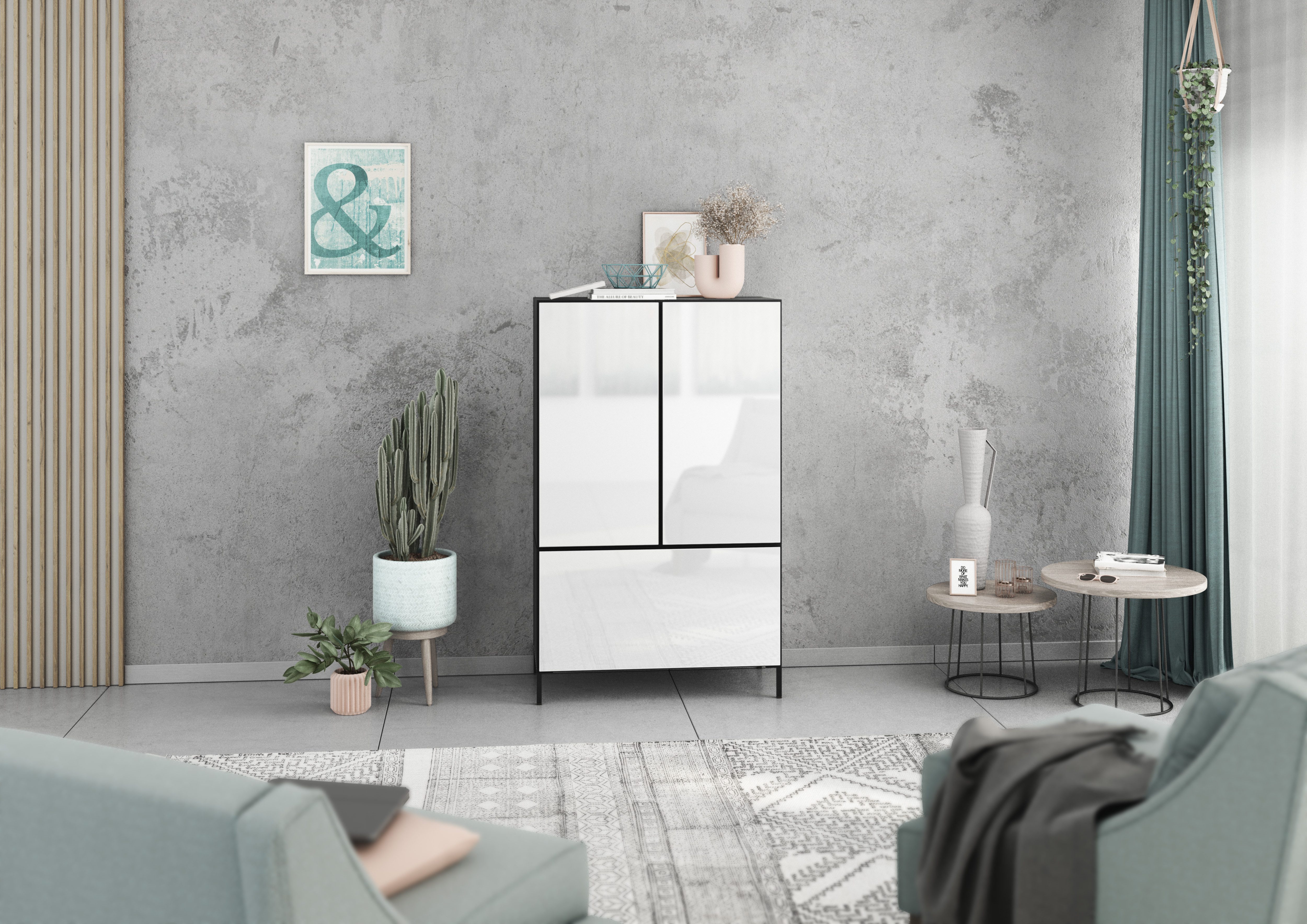 BMG Möbel Stauraumvitrine Modul+ (3 teilig bestehend aus, 2x Schrank mit Tür, 1x Schrank mit Klappenfunktion) Schränke können individuell angeordnet werden, Soft-Close