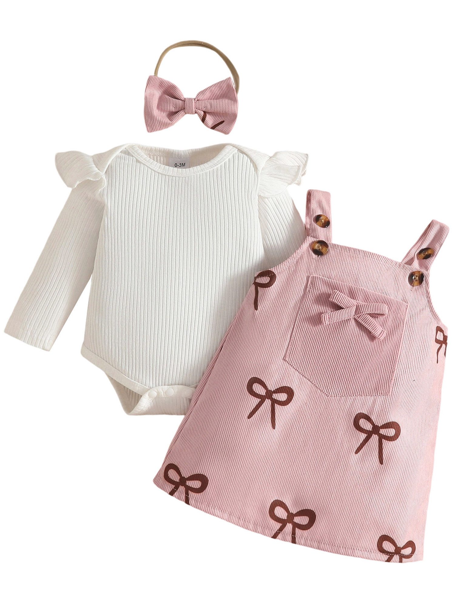 Lapastyle 2-in-1-Kleid 3-tlg Baby Mädchen Kleidung Overall + Latzkleid + Stirnband Elegante süßes Drucke Baby-Set in kontrastfarben, Geburtstagsparty Set