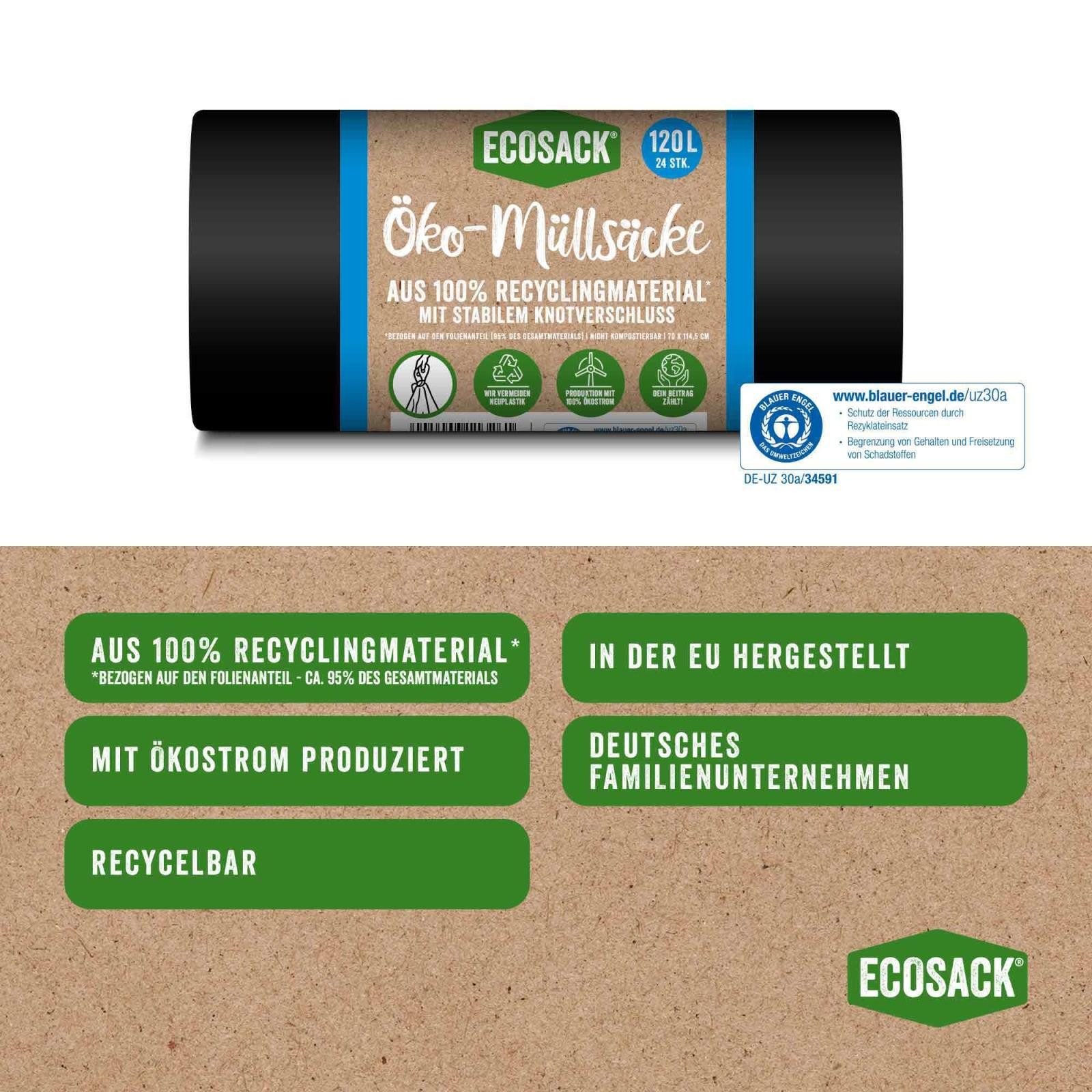 ECOSACK Müllbeutel Öko Mülltüten recycelte Folien 120 Liter 240 Stück schwarz blickdicht, Zubehör für Mülleimer bis 120 Liter, mit 100% Ökostrom hergestellt