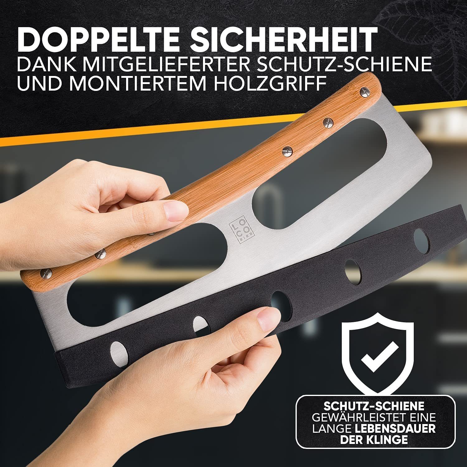 Loco Bird Pizzaschneider aus Edelstahl mit Bambusgriff und mit Klingenschutz, Allzweck-Wiegemesser: scharfe Klinge, robuster Griff - Edelstahl