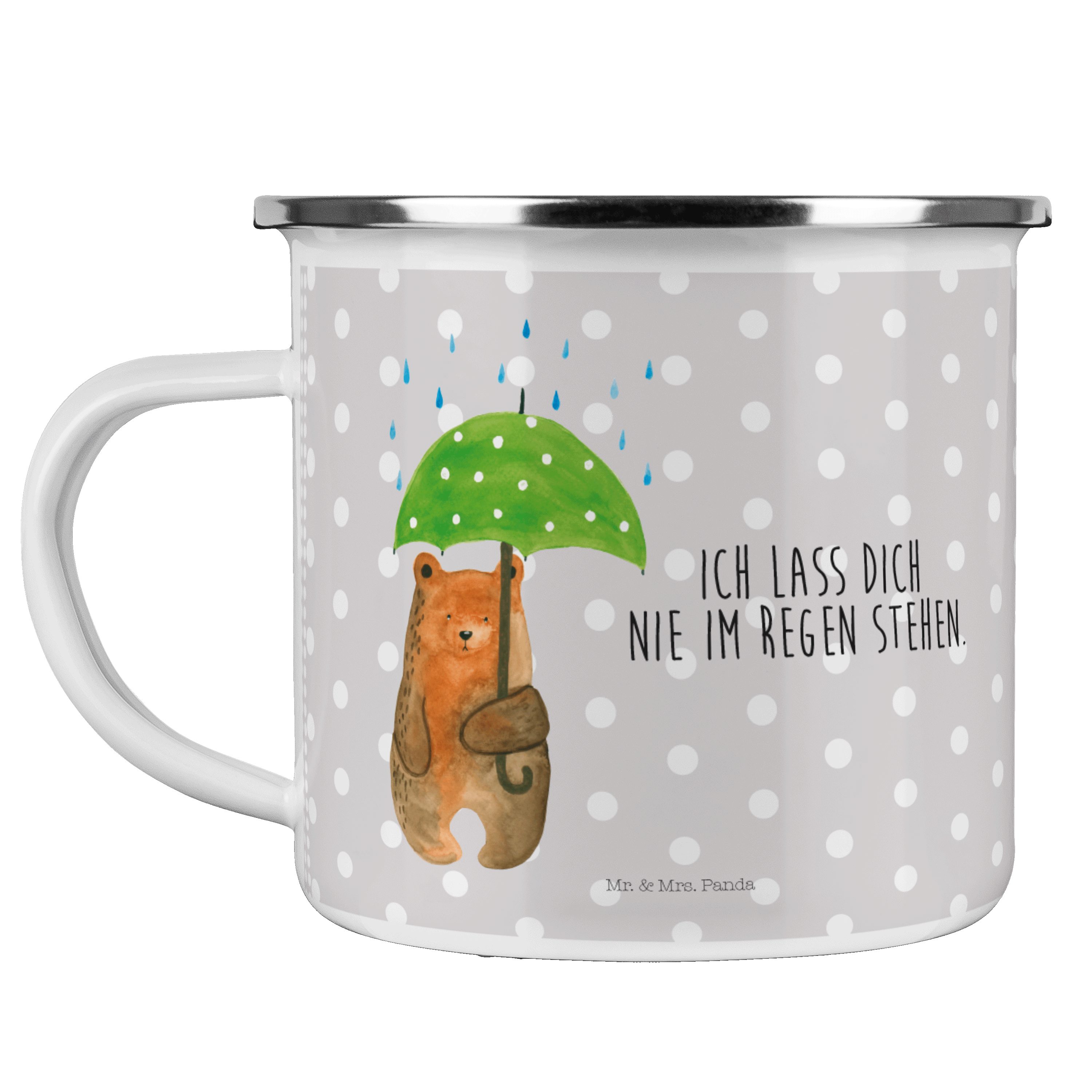 Mr. & Mrs. Panda Becher Bär mit Regenschirm - Grau Pastell - Geschenk, Teddybär, Pärchen, Fre, Emaille