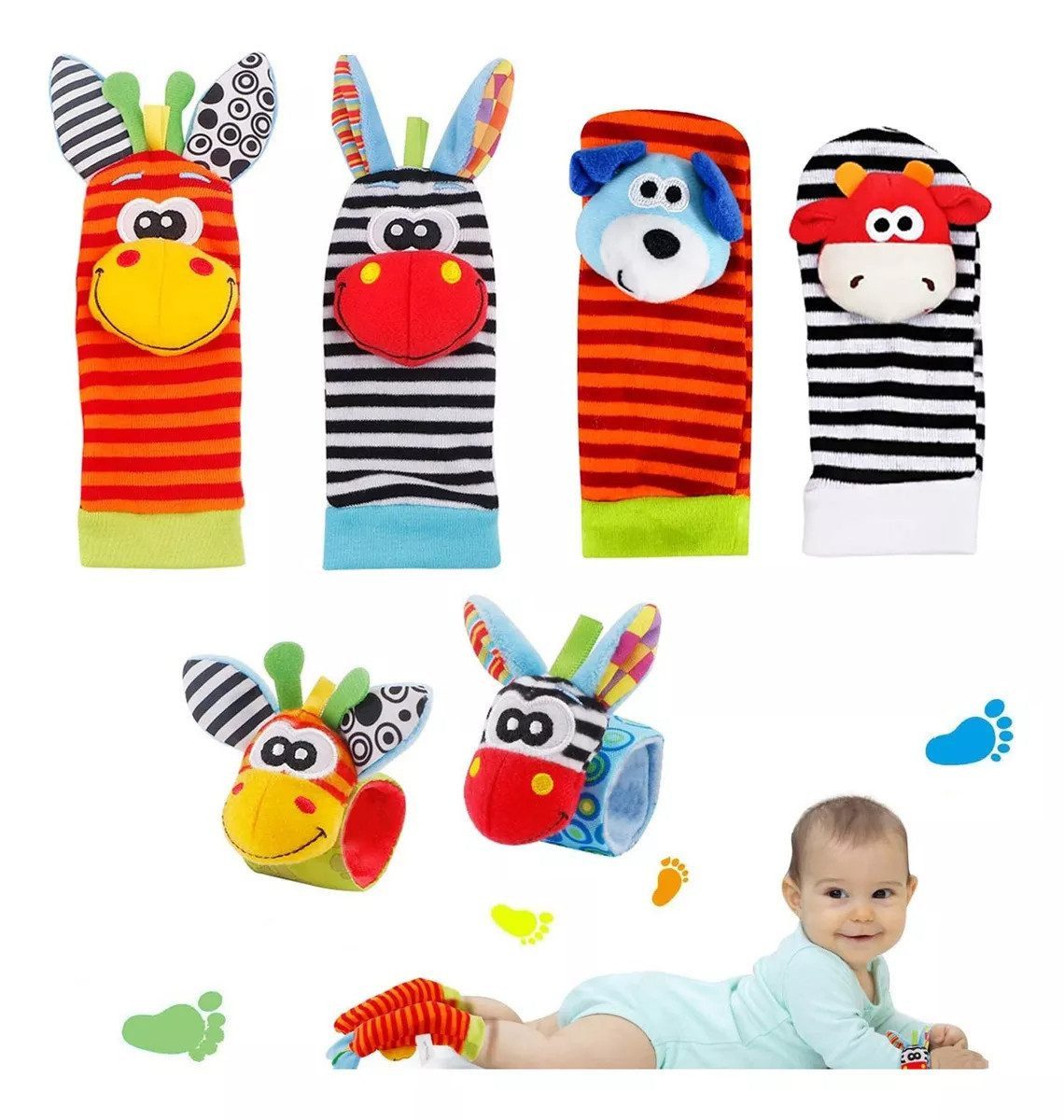 GOOLOO Rasselsocke Rasselsocke Baby Rasseln Spielzeug Socken und Handgelenk, Baby Sensorisches Spielzeug( Paket: 2* Rasselarmband, 4 * Rasselsocken.)