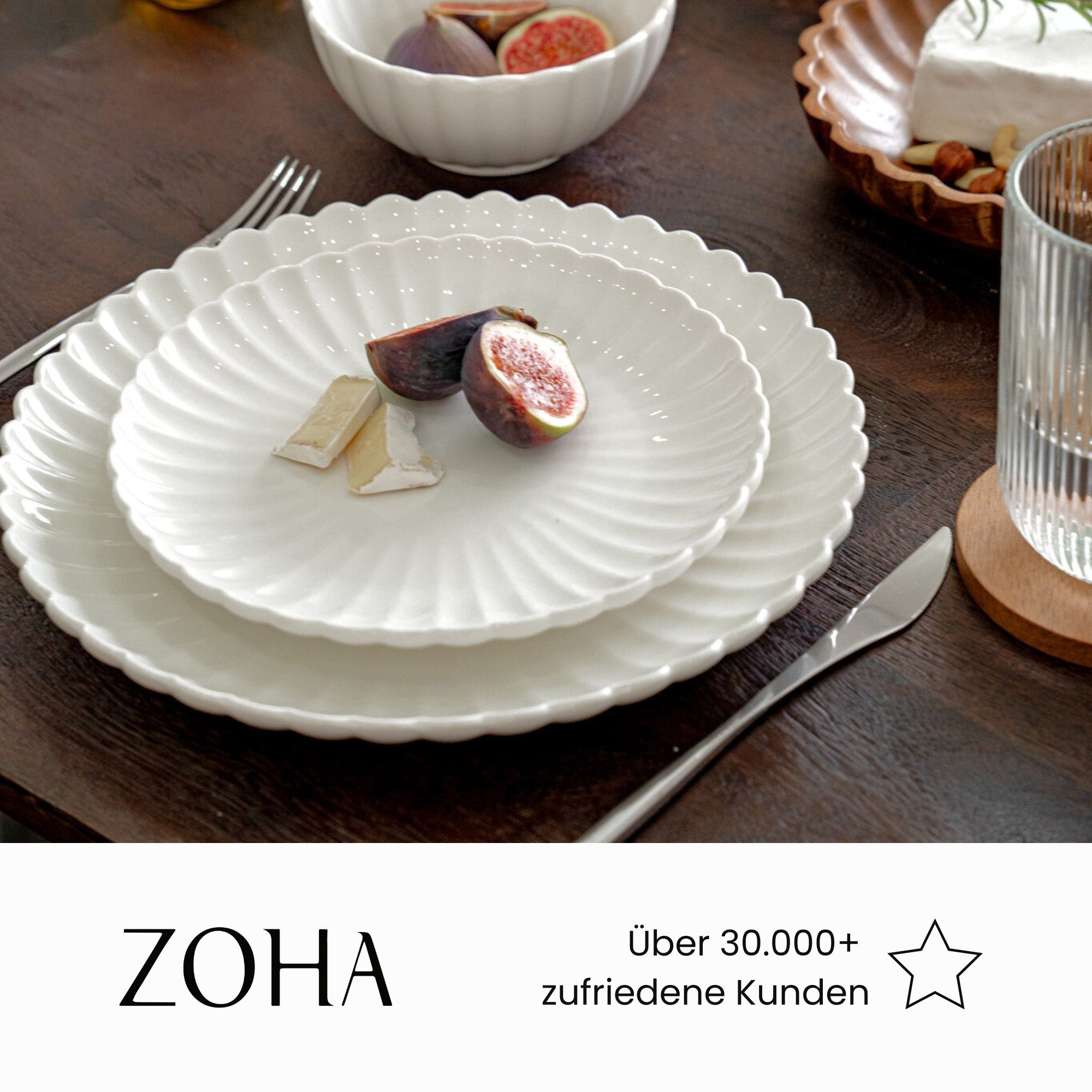 Zoha Teller-Set Lotus mit 3D-Wellenstruktur aus Porzellan, Stilvoll, Mikrowellenfest (24-tlg), 6 Personen, Porzellan, Tafelservice als Geschenk, für Zuhause oder Events, Spülmaschinenfest