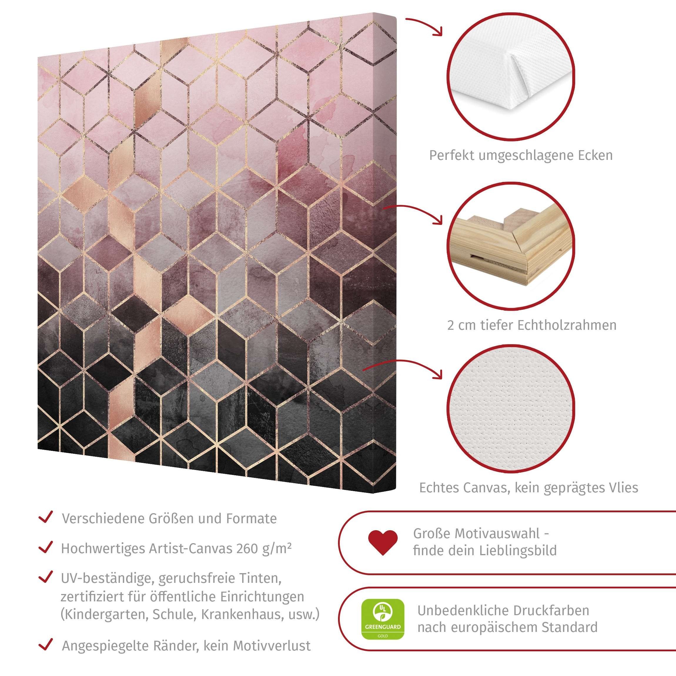 Bilderdepot24 Leinwandbild Kunstdruck Rosa Grau goldene Geometrie rosa Bild auf Leinwand XXL, Wohnzimmer Schlafzimmer Küche Flur Wandbild Kunstkopie Wanddeko Druck