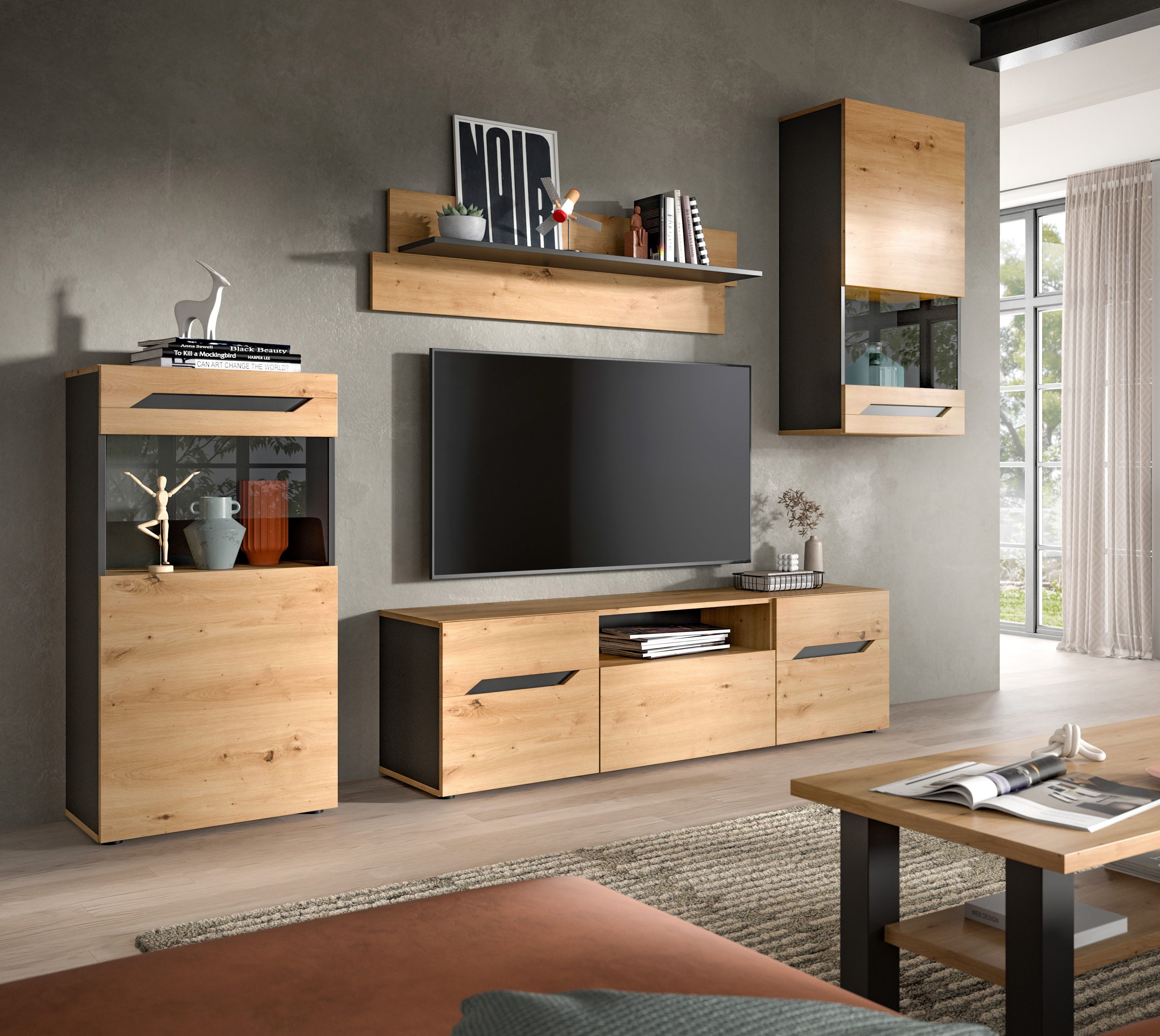 Home affaire Wohnwand SERTA, 4-teilig, best. aus: 2x Vitrine, 1x Lowboad & 1x Wandboard, Anbauwand, Set, Möbelset, TV-Wand, Wohnzimmerset, Schrankwand