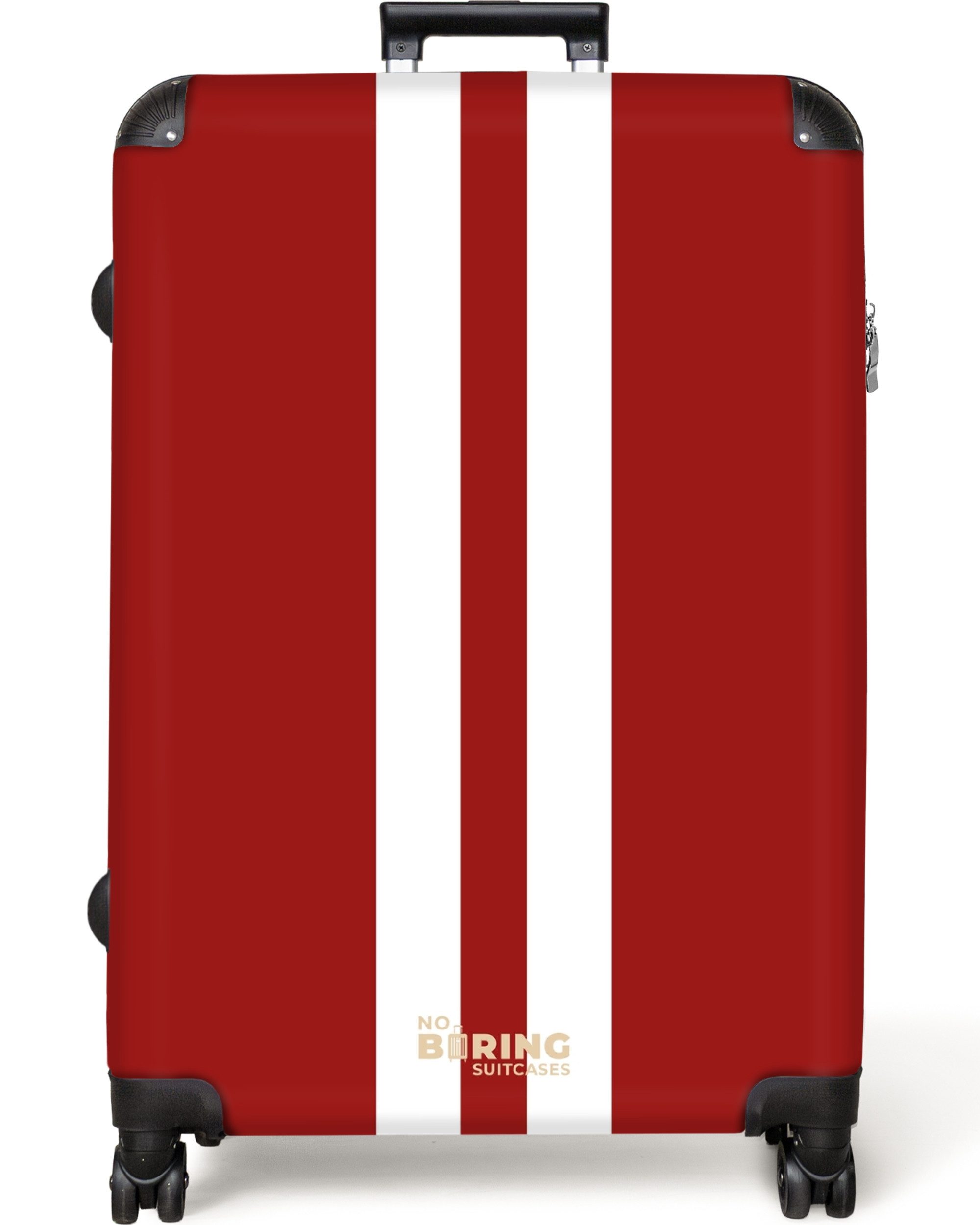 NoBoringSuitcases.com© Hartschalen-Trolley Roter Hintergrund mit doppeltem weißen Mittelstreifen 77 cm - 98 L, 8 Rollen, Koffer Groß für 30kg, Trolley, Rollkoffer, Reisekoffer
