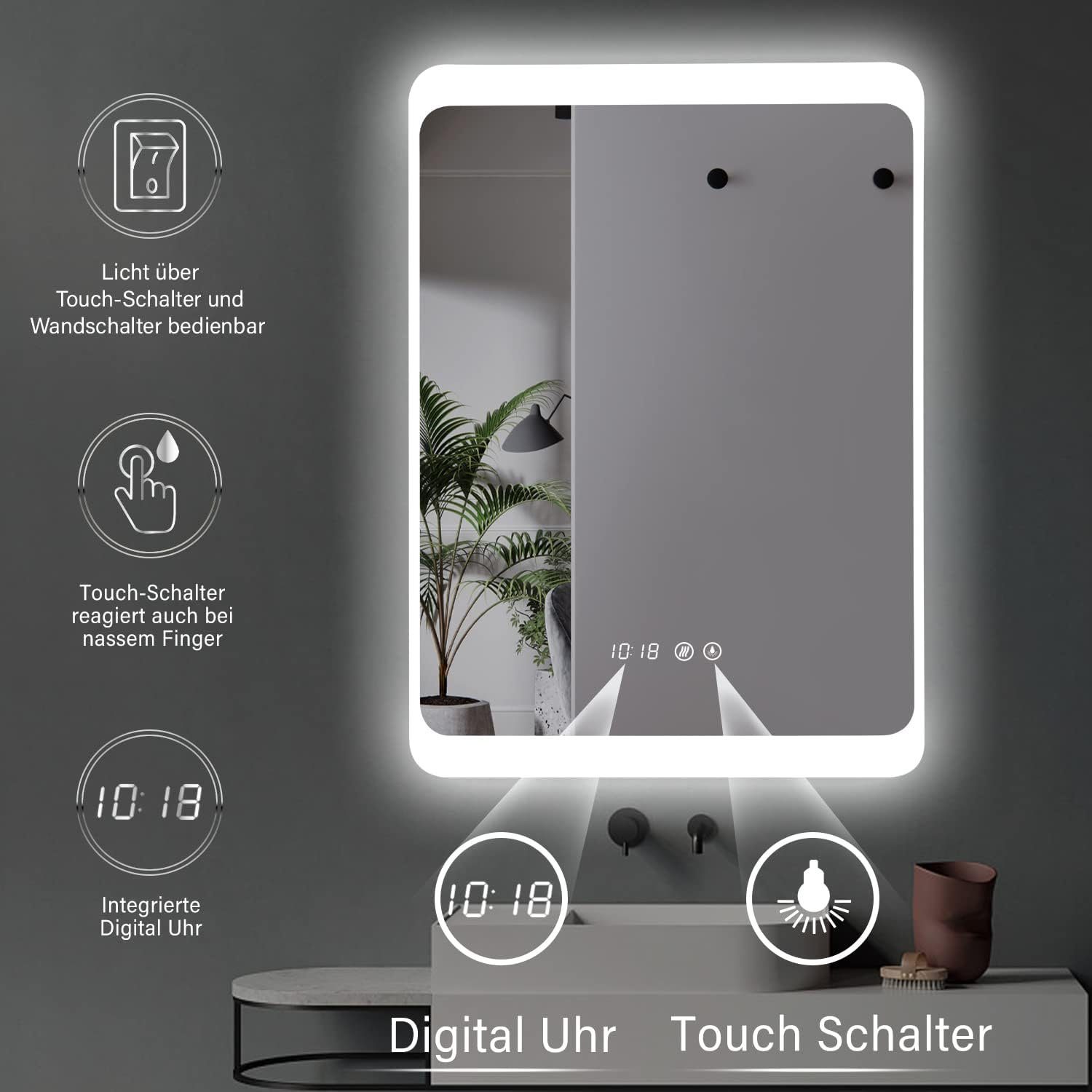 HOKO Badspiegel LED Antibeschlag Kaltweiß einschaltbar. 5mm Wandspiegel Glass) Touch HD Memory-Funktion.IP44, Licht - Neutral. - mit Uhr+LED Schalter Wechsel 50x70/60x80cm+Digital und Wandschalter (Warmweiß mit