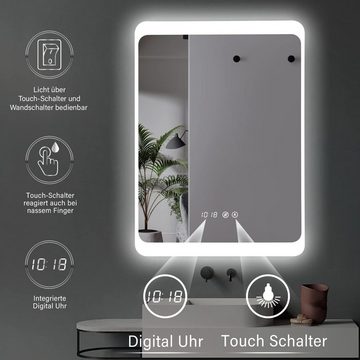 HOKO Badspiegel LED Antibeschlag Wandspiegel 50x70/60x80cm+Digital Uhr+LED Wechsel (Warmweiß - Kaltweiß - Neutral. Licht mit Touch Schalter und mit Wandschalter einschaltbar. Memory-Funktion.IP44, 5mm HD Glass)
