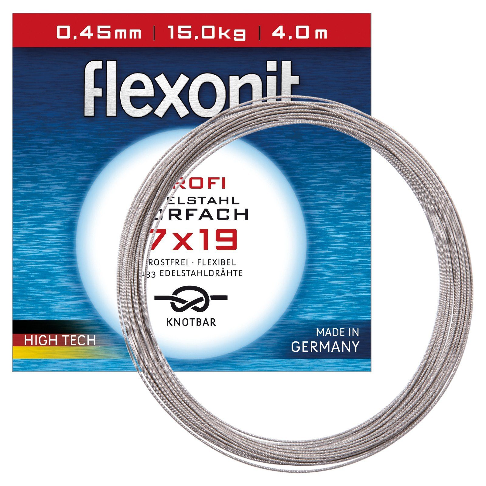 flexonit Vorfachschnur, 4 m Länge, flexonit 7x19 Silber Meterware 0,45mm 15,0kg 4m Stahlvorfach