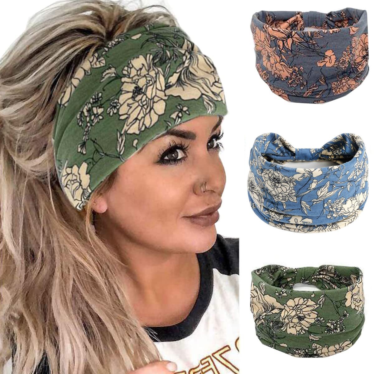 Zaewry Haargummi Stirnbänder Damen Frauen Breites Haarband Boho Blumendruck Knot, 3-tlg., Elastische Lauf Yoga Kopfwickel Haarbänder