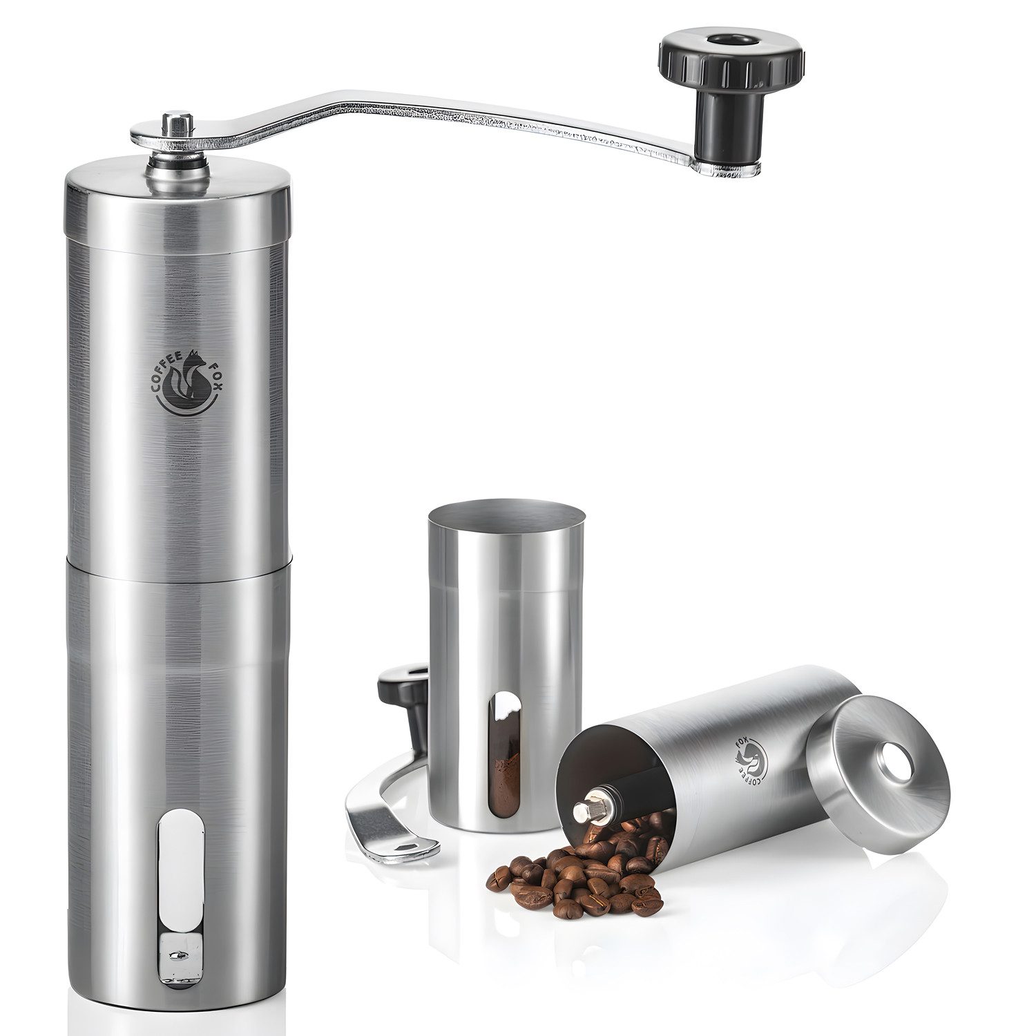 Coffee Fox Kaffeemühle Präzisions-Handkaffeemühle aus Edelstahl–Ideal für Zuhause & unterwegs, Keramik Mahlwerk, Handkaffeemühle