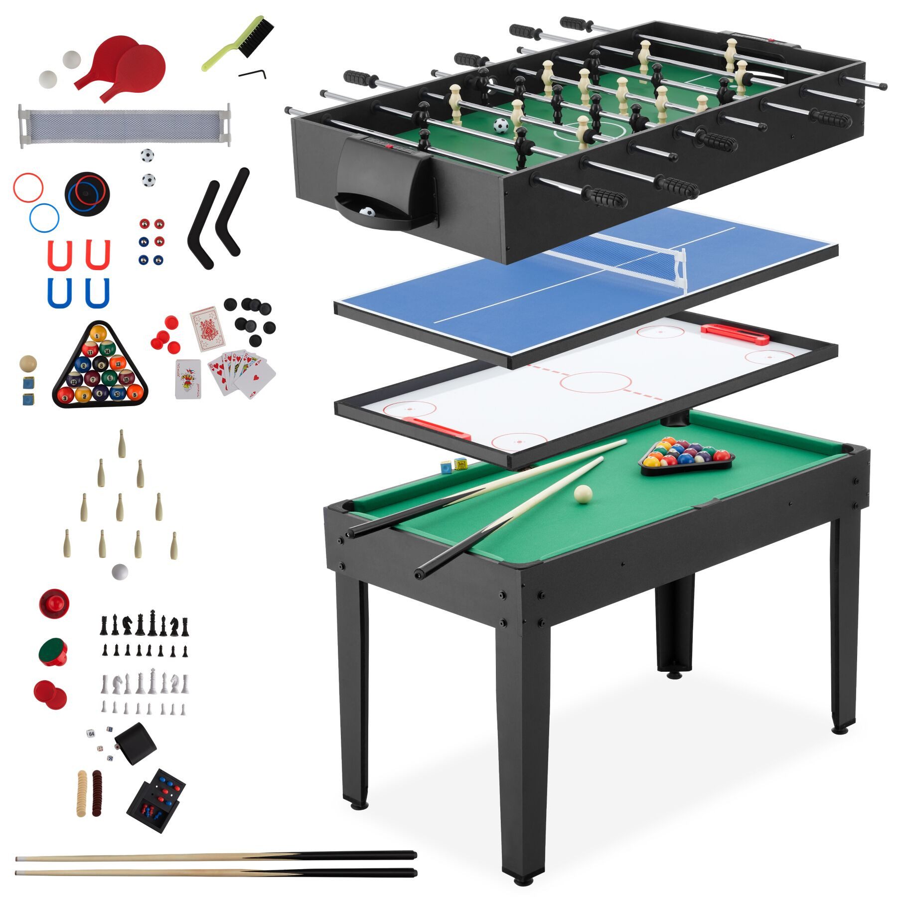 tectake Spieltisch Multigame-Tisch, umfangreiches Zubehörset, 125 x 123 x 83 cm, (Kombi-Spieltisch SirGameALot), 15in1, strapazierfähiges MDF, höhenverstellbare Füße