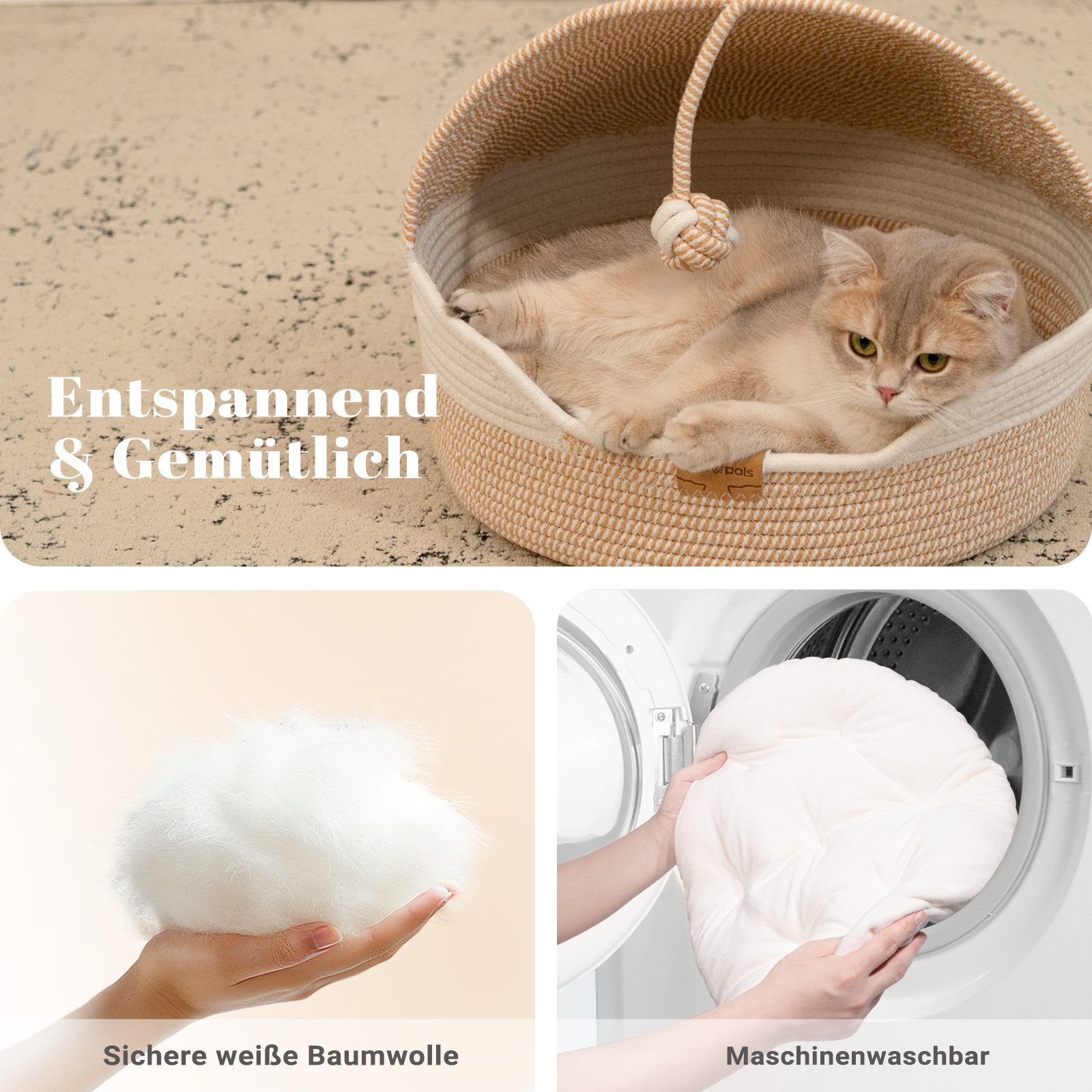 CheerPals Tierbett Geflochtene 2-in-1 Katzenhöhle & Katzenbett mit waschbarem Kissen, Vliesstoff/Polyester