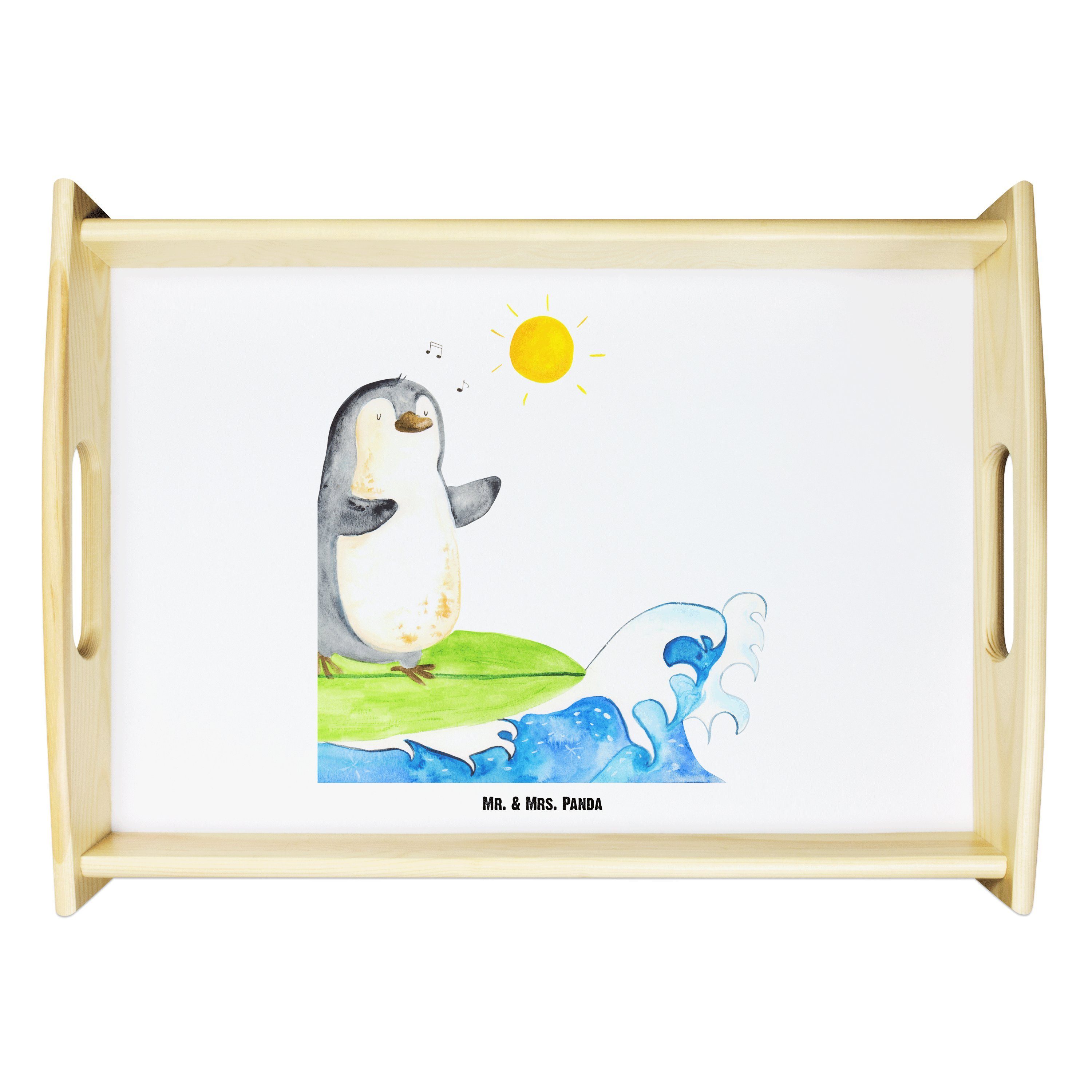 Mr. & Mrs. Panda Tablett Pinguin Surfer - Weiß - Geschenk, Frühstückstablett, Dekotablett, Wel, Echtholz lasiert, (1-tlg)