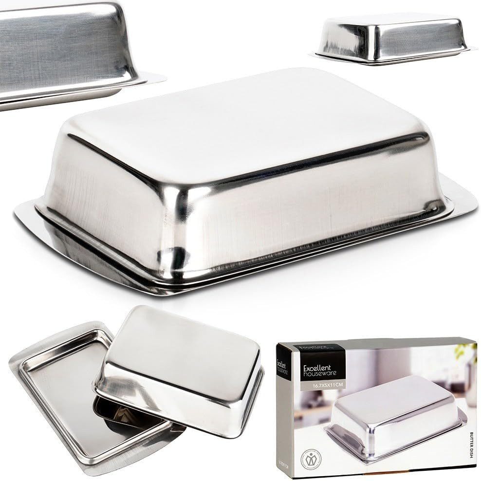 WestCraft Butterdose Metall Edelstahl Küchen Butterdose Porzellan 250 Gramm (silber), Edelstahl, (2-tlg), Alltagsbeständig, für grosses Stück Butter