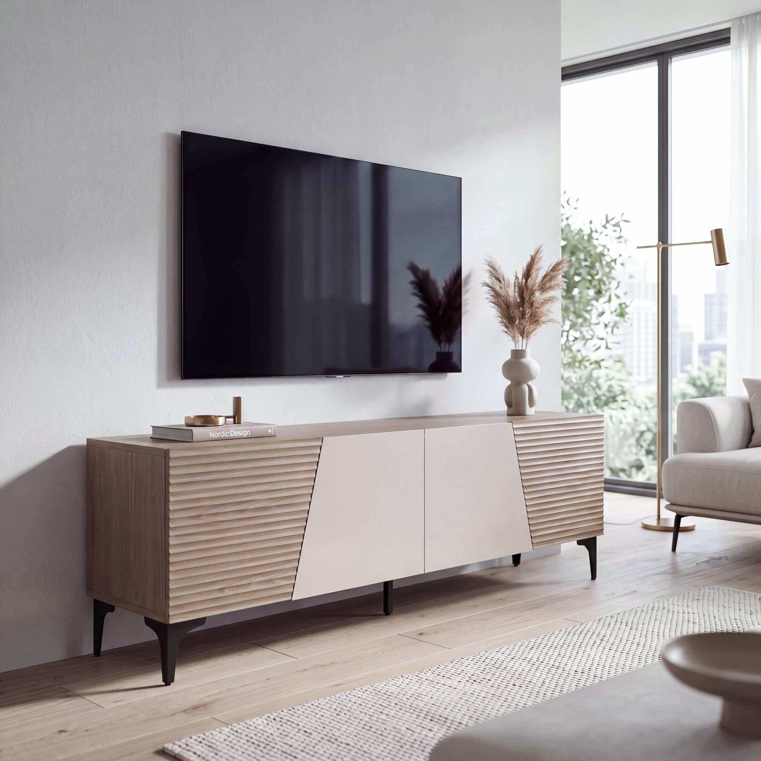 MCW TV-Rack MCW-Q83, Dekorative Kombination aus strukturierten und glatten Fronten