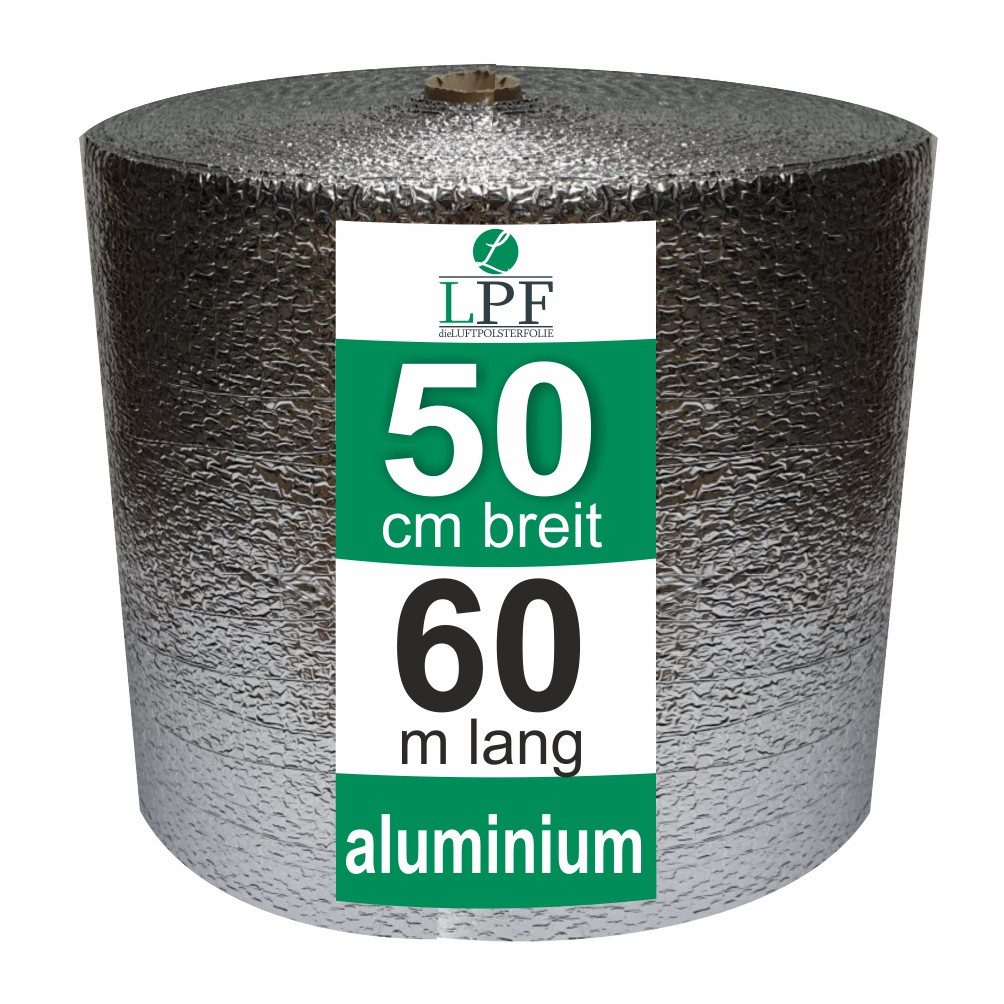 LPF dieLUFTPOLSTERFOLIE Schutzfolie Luftpolsterfolie ALUMINIUM kaschiert Breite 50cm x Länge 60m / 250my