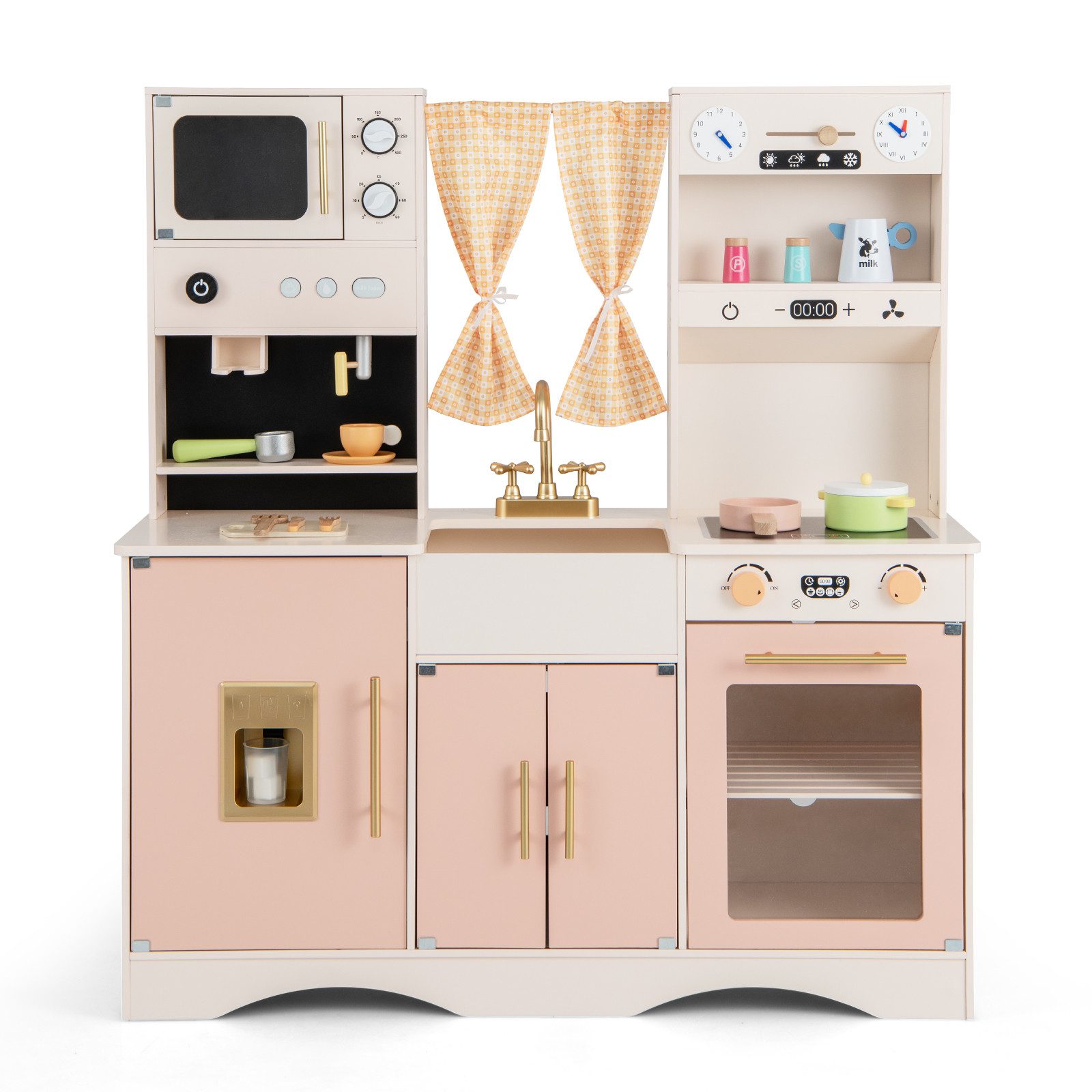 KOMFOTTEU Spielküche Kinderküche Spielzeugküche mit Kaffeemaschine, Eismaschine, Mikrowelle, Backofen & Spüle, Vorhängen