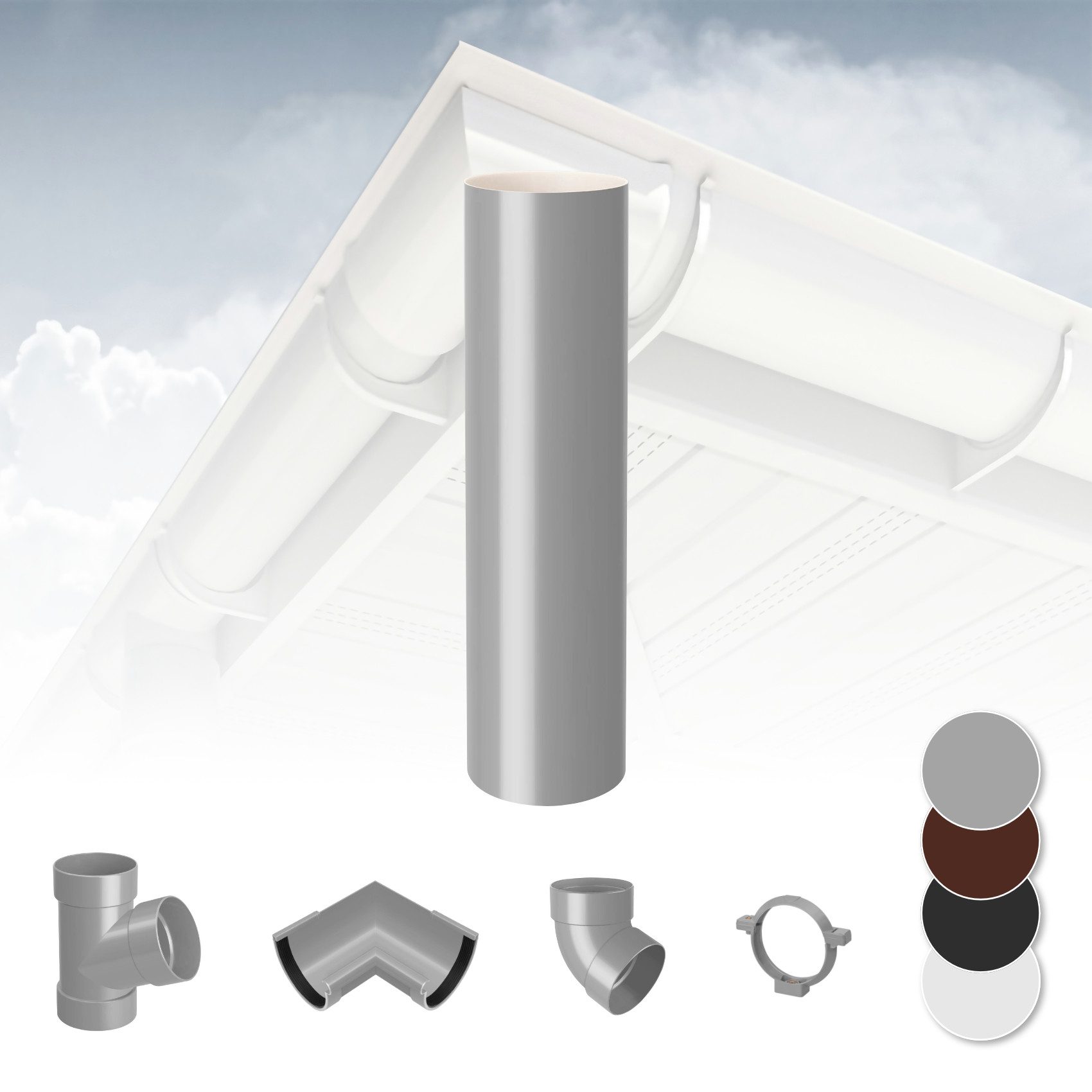 RainWay Dachrinne, Regenrinnen System (Fallrohr) - PVC-U Kunststoff in 4 Farben, für Dachflächen > 100m² empfohlen, Regenfallrohr PVC Plastik Gartenhaus