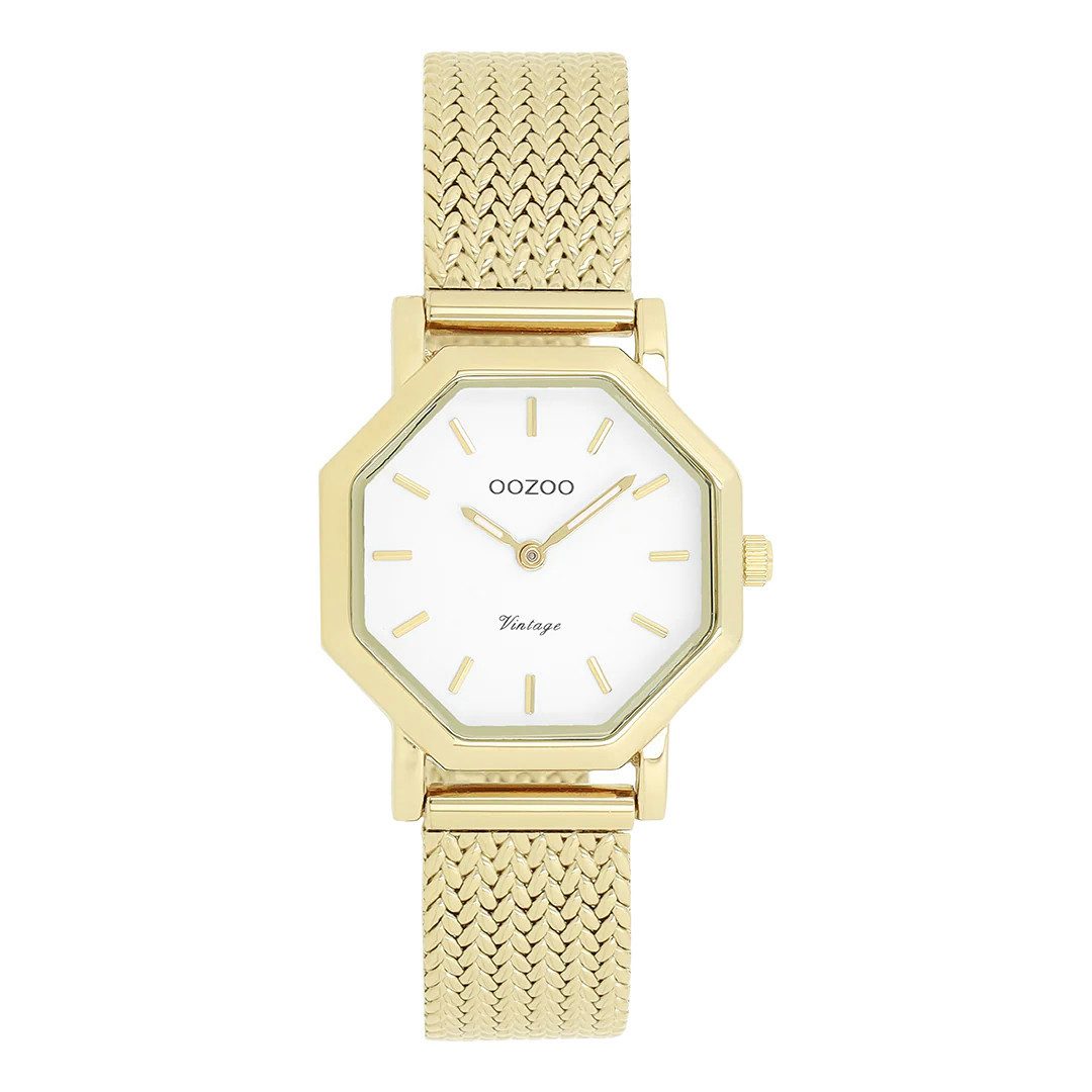 OOZOO Quarzuhr Vintage Damenuhr C20436 – Goldfarbene Armbanduhr, mit weißem Zifferblatt & Milanaiseband, 28 mm