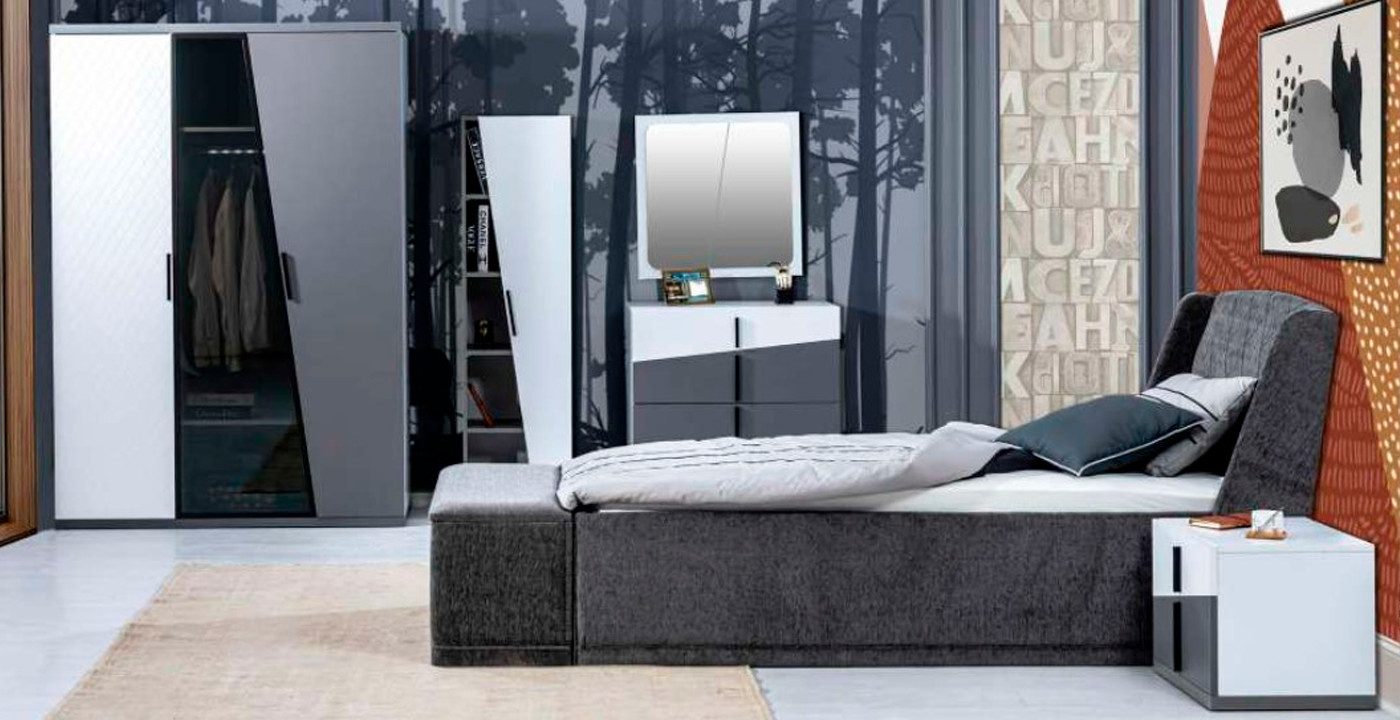 JVmoebel Bett Graue Kinderzimmer Garnitur mit Designer Schrank und Kommode (Bett), Made in Europa