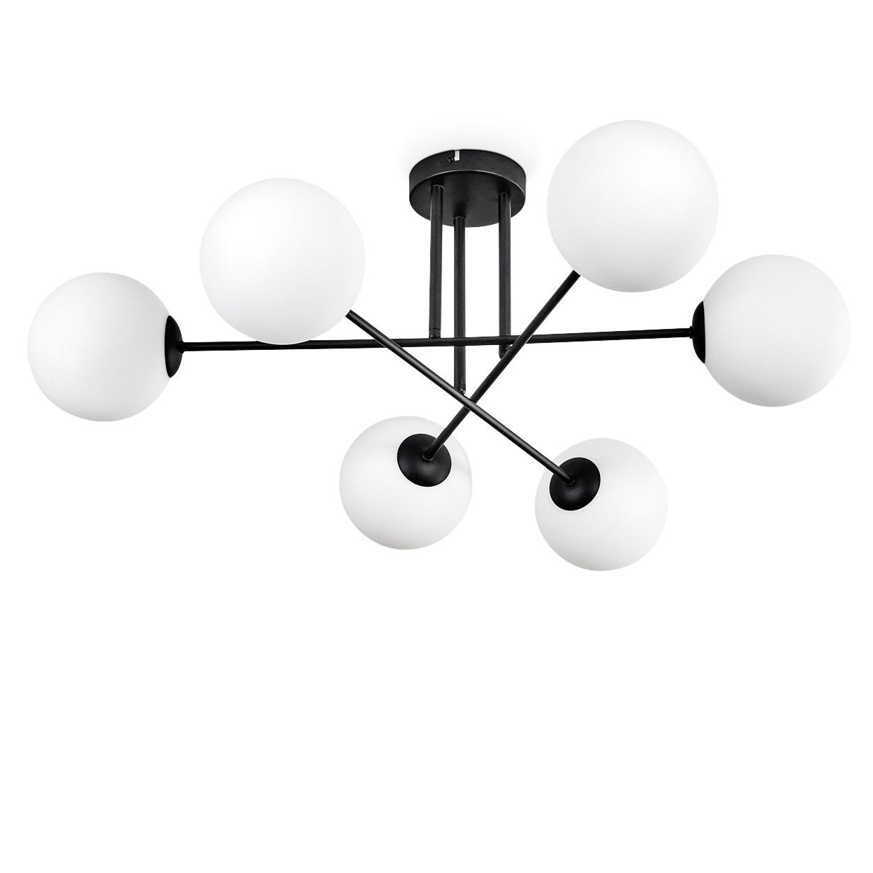 hofstein Deckenleuchte Deckenlampe aus Metall/Glas in Schwarz/Weiß, ohne Leuchtmittel, Leuchte im Retro/Vintage-Design m. Schirmen aus Glas (15cm), 6 x E14