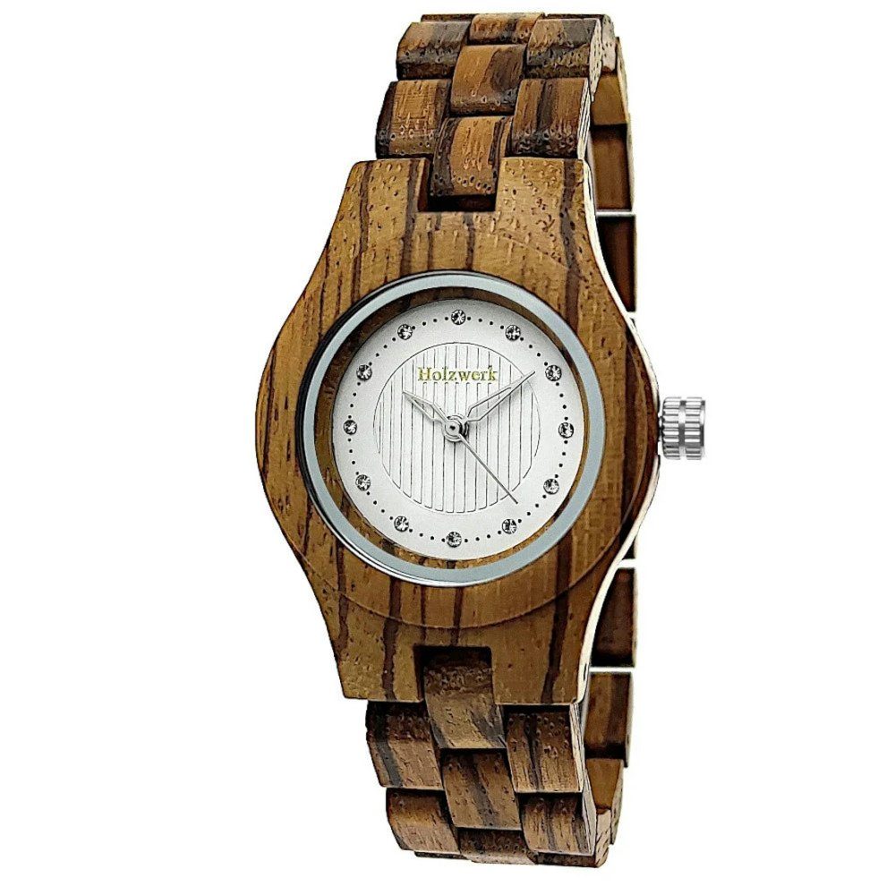 Holzwerk Quarzuhr PARCHIM kleine Strass Damen Holz Armband Uhr, Walnuss braun & weiß