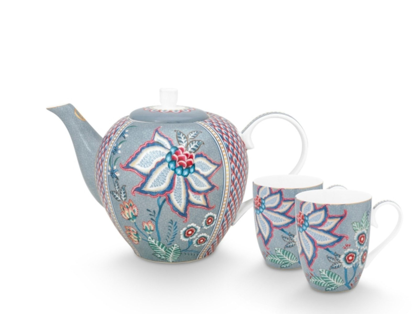 PiP Studio Teeservice Flower Festival Teeset Light Blue Set3, Porzellan, Set/3 Tea Set Large Flower Festival Light Blue
