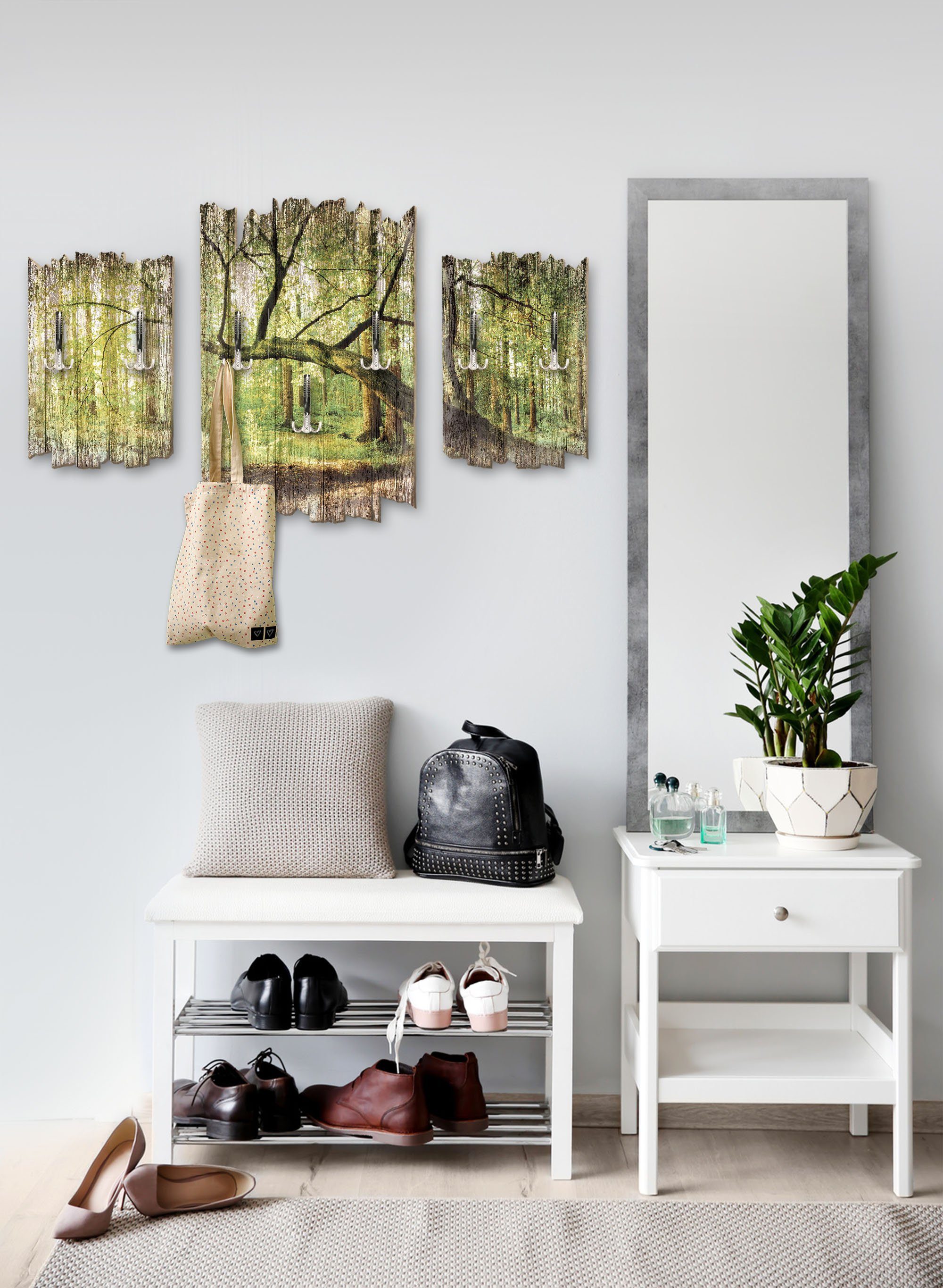 Kreative Feder Wandgarderobe Gebogener Baum, Dreiteilige Wandgarderobe aus Holz
