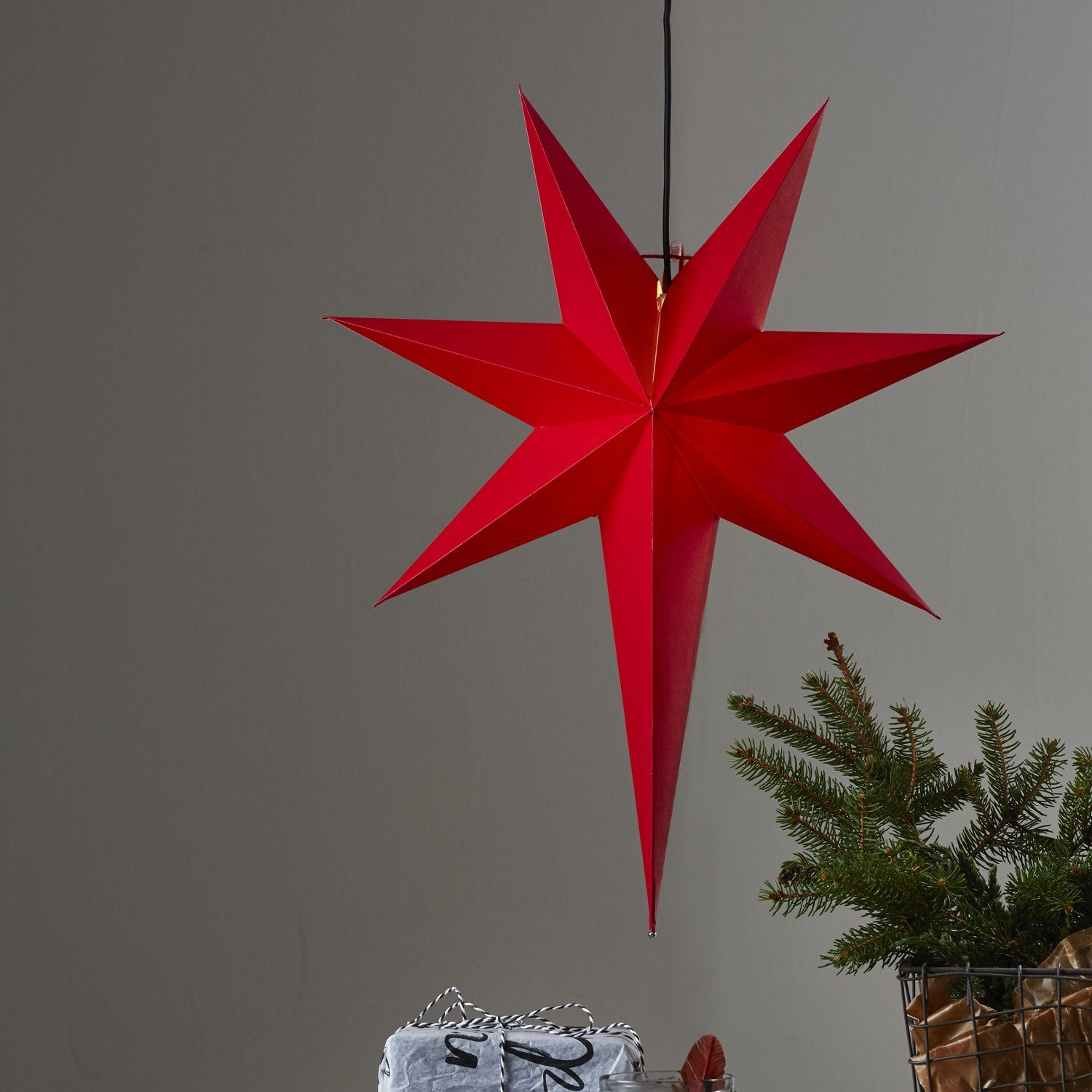 Papierstern rot hängend 7-zackig Leuchtstern STAR LED TRADING Kabel mit 55cm Faltstern Stern