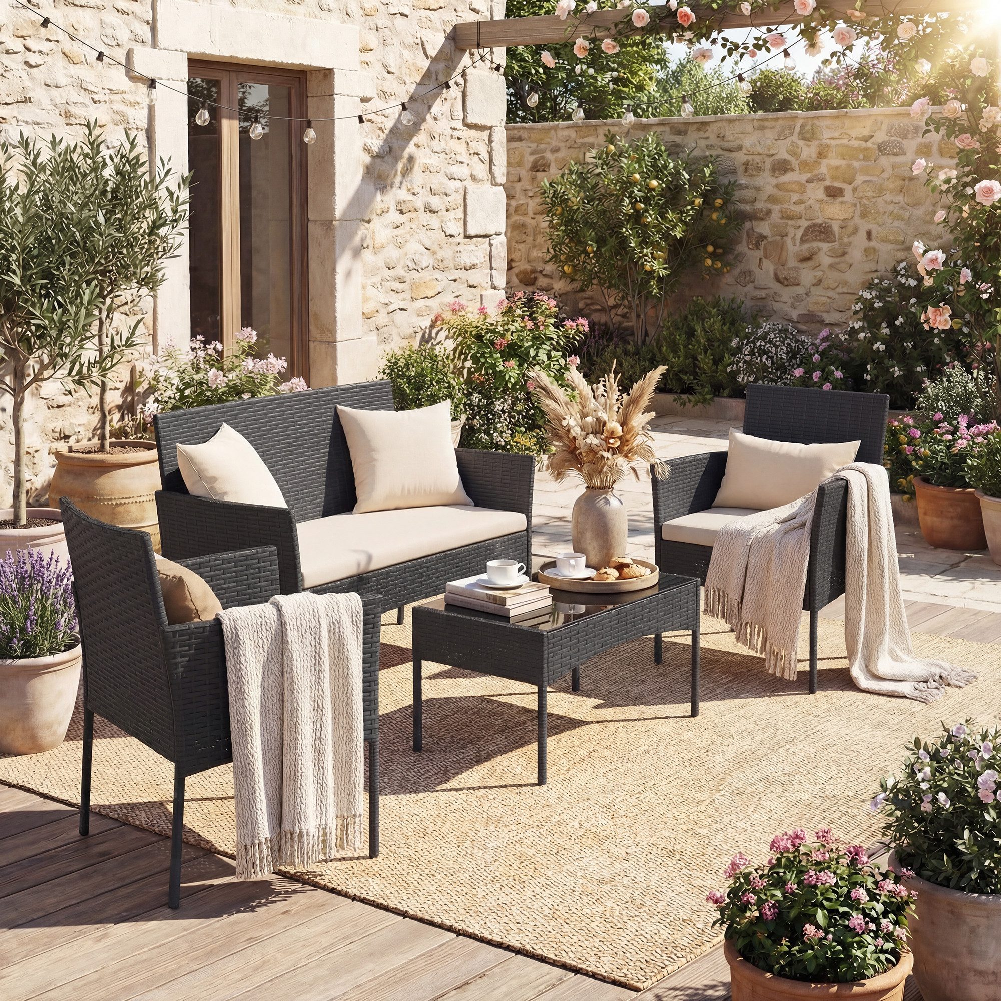 KOMFOTTEU Balkonset, Gartenmöbel Set mit Sessel, Gartentisch & 2 Stühlen, aus Rattan
