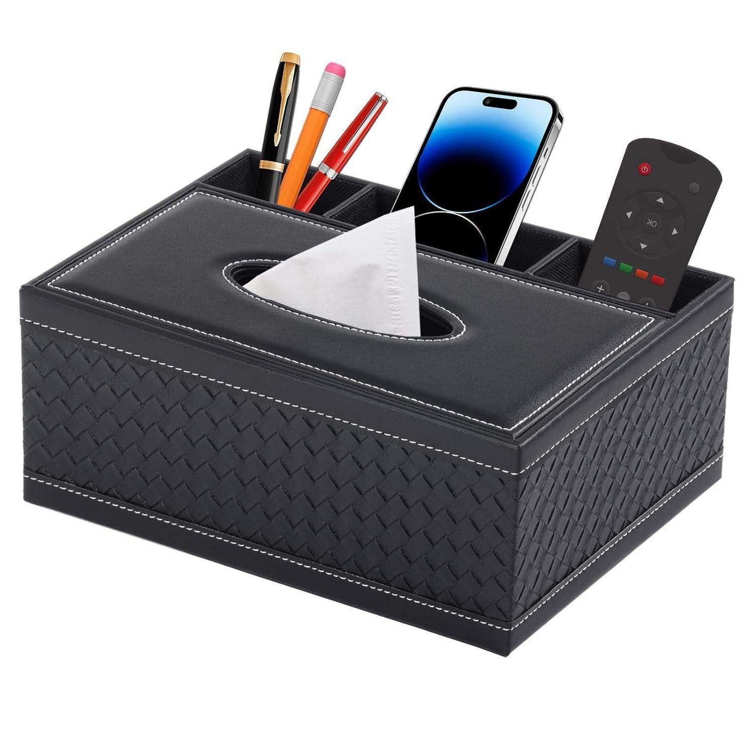 LuxusKollektion Serviettenhalter Taschentuchbox schwarz mit Organizer in Lederoptik, Kunststoff