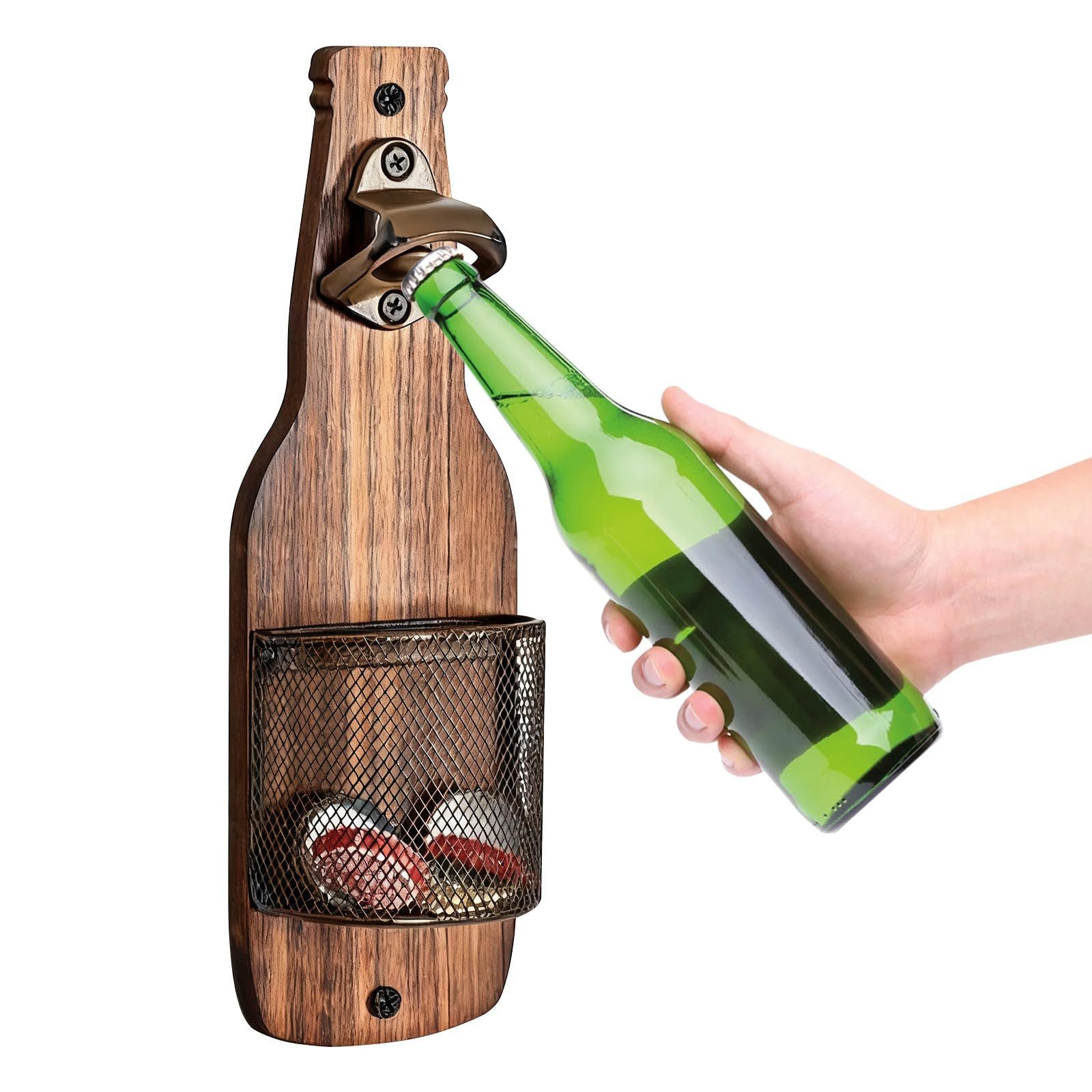 FOUORTUNATE-BEE Flaschenöffner Holz-Flaschenöffner Wandmontage mit Behälter für Flaschenverschlüsse, Wand-Flaschenöffner aus Holz mit Aufbewahrungsbehälter für Flaschen