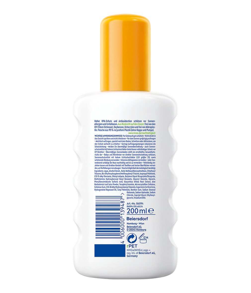Nivea Sun Sonnenschutzspray Anti Sonnenallergie Spray Sensitiv sofort Schutz LSF50+ 200ml, 1-tlg., Sofortiger Schutz vor UVA-/UVB-Strahlen