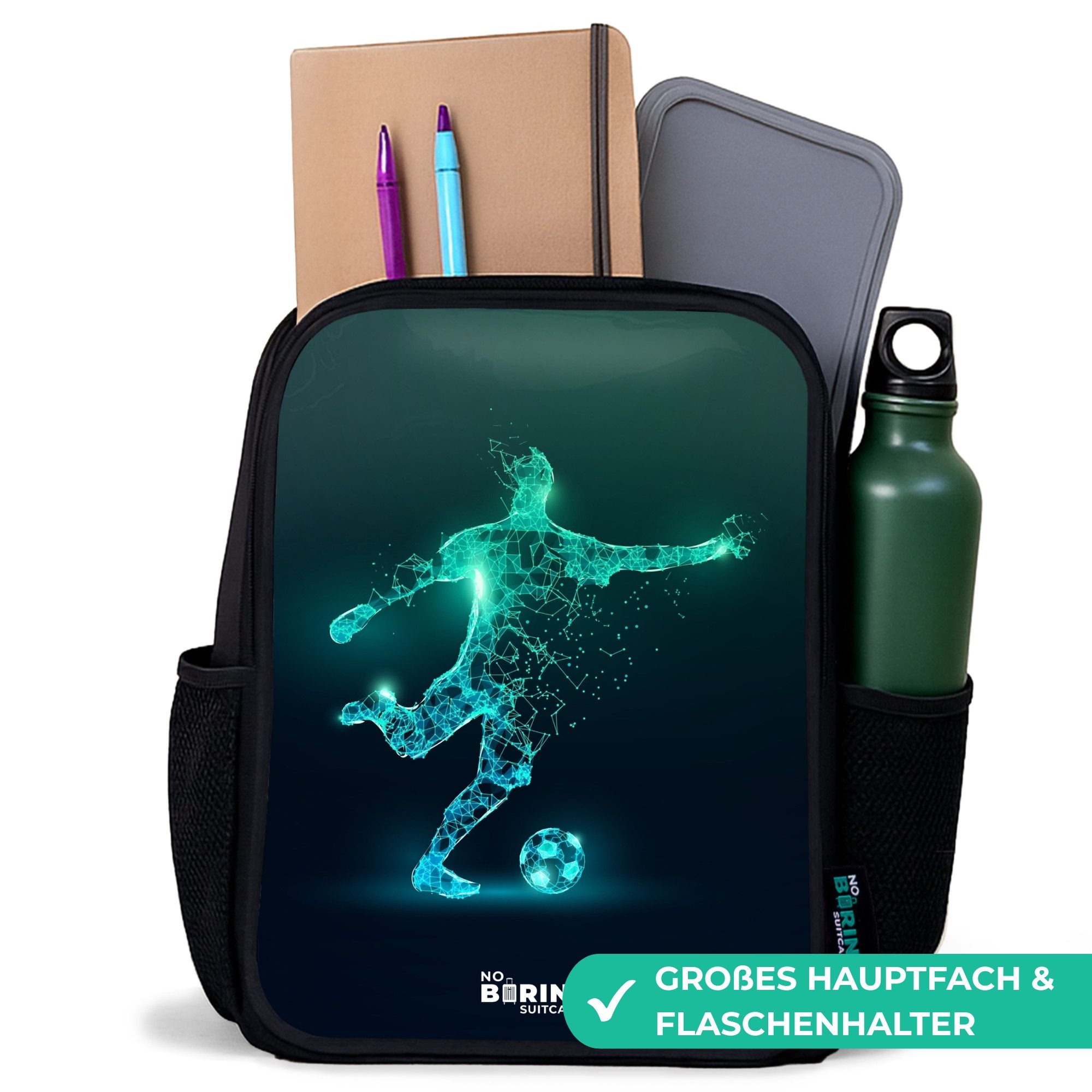 NoBoringSuitcases.com© Rucksack Fußballer kickt mit Gewalt in digitaler Form, Kinderrucksack Schwarz, Schulrucksack, Freizeitrucksack Jungen Mädchen
