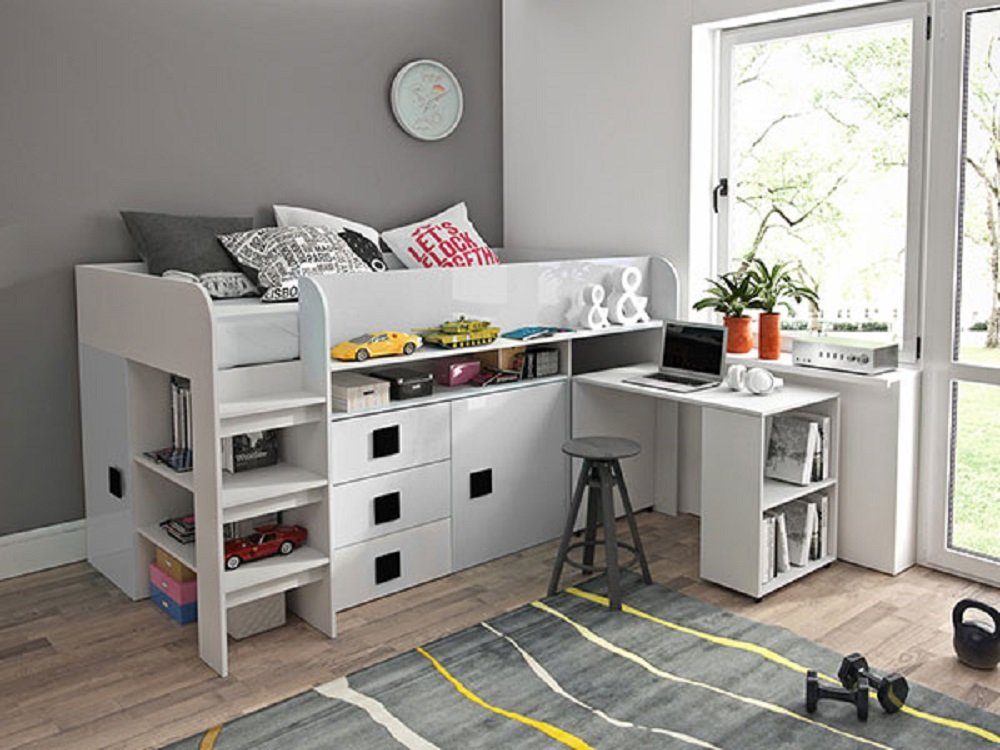 Feldmann-Wohnen Hochbett TOLEDO 1 (Etagenbett Griffe Farbe 2 Schreibtisch weiß + Hochglanz mit / weiß wählbar - schwarz Schränke)