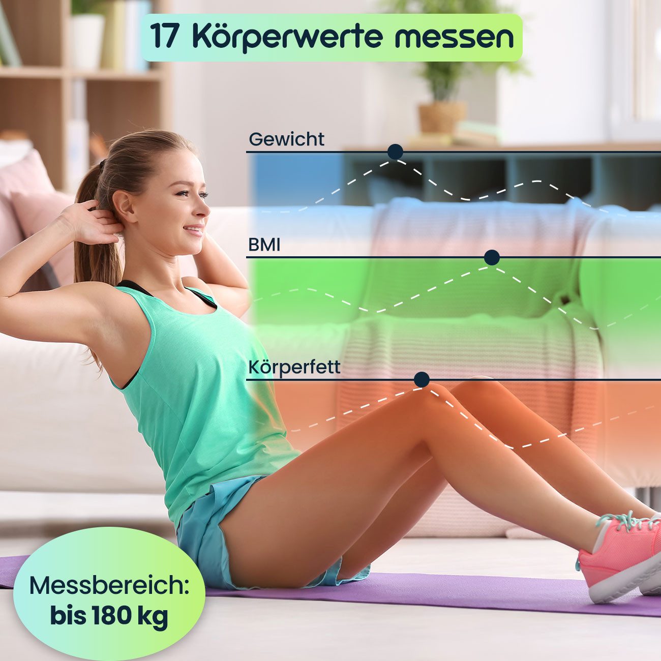 shop'n smile ideoon Körper-Analyse-Waage Körperanalyse-Waage bis 180kg Solar Akku Glas Körperfettwaage App, 4 Sensoren, LED, BMI/Fett/Wasser, App, Bluetooth, bi – Bild 4 von 5