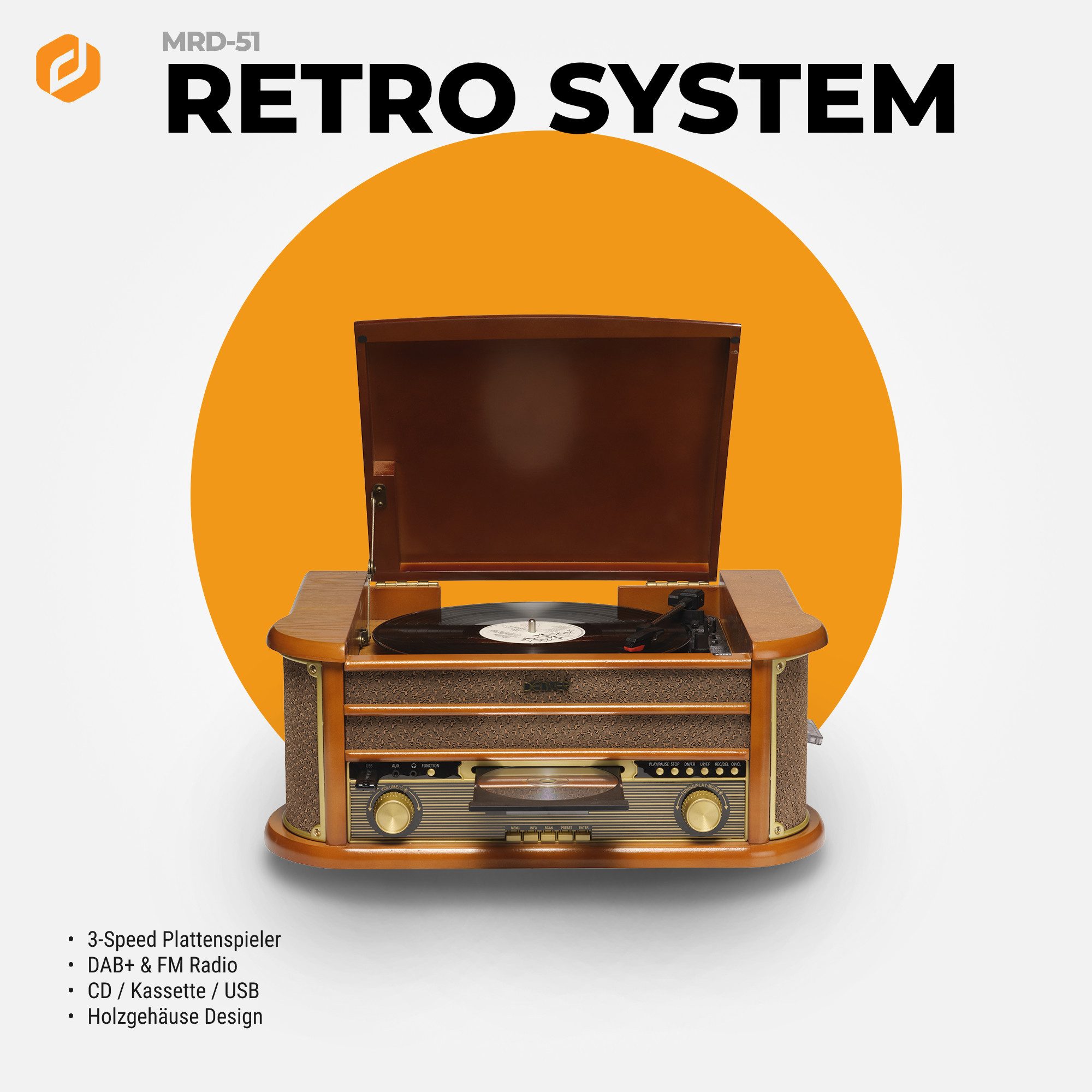 Denver MRD-51 Plattenspieler (Riemenantrieb, DAB+/FM Radio, Vinyl, Kassette, CD, USB-Aufnahmefunktion)
