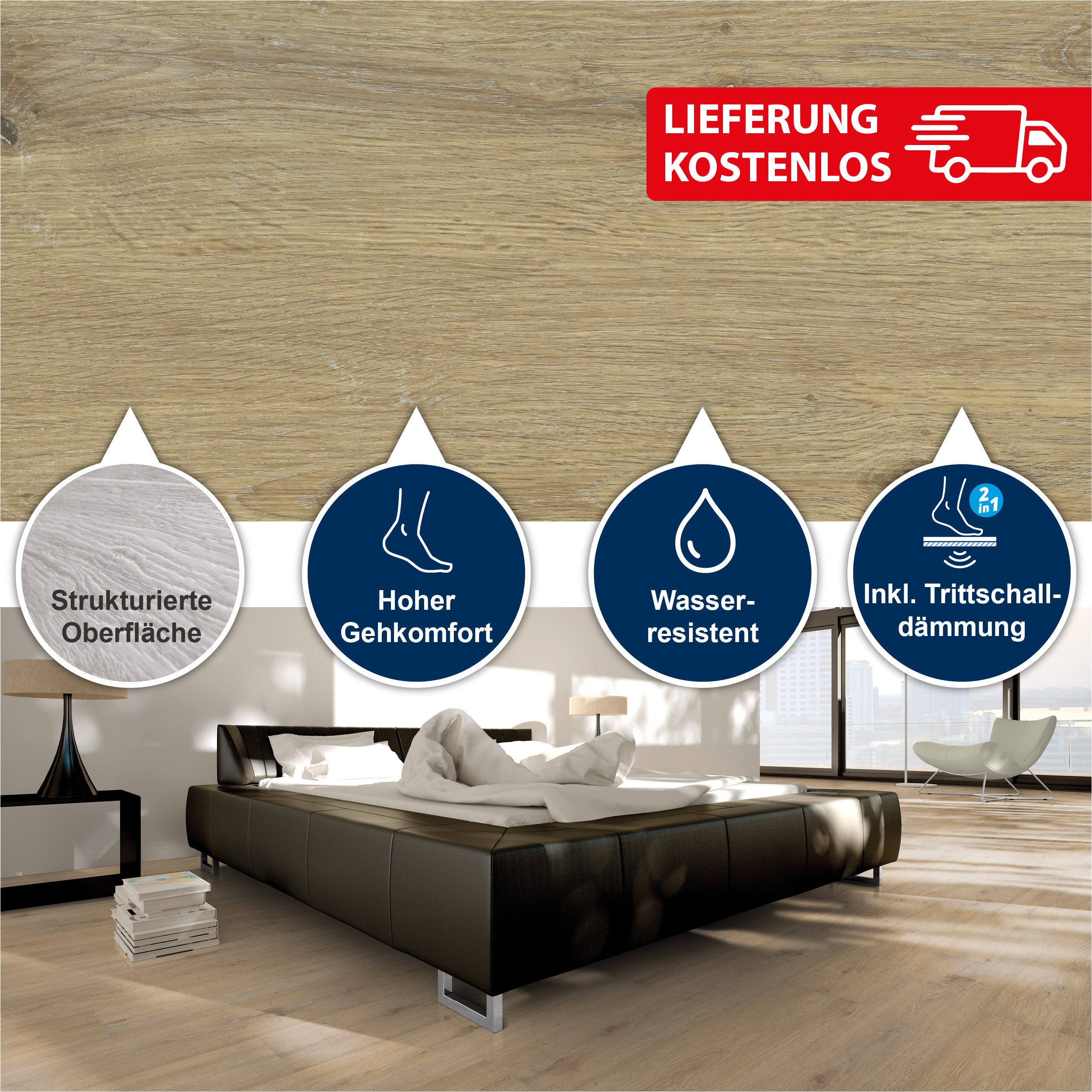 Strong SPC Designboden 1524 x 228 x 6,5 mm Premium Klick-Vinylboden inkl. Trittschalldämmung, Packung mit 1,737 qm, Versandkostenfreie Lieferung, Inkl. Trittschalldämmung, Wasserfest und mit Klicksystem