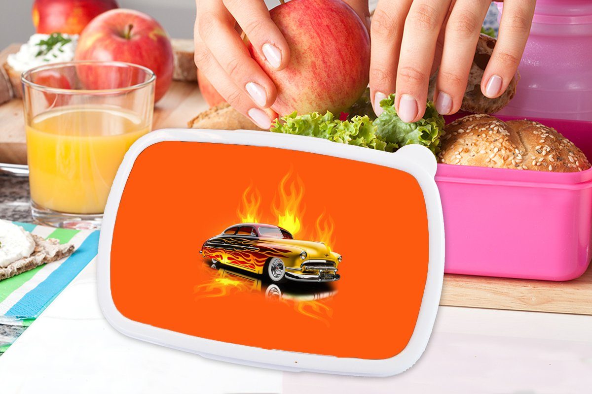 Brotdose Lunchbox Kunststoff, Orange - Vintage, Feuer Kinder, Flammen rosa Mädchen, Snackbox, MuchoWow - für (2-tlg), Erwachsene, Brotbox - Kunststoff - Auto