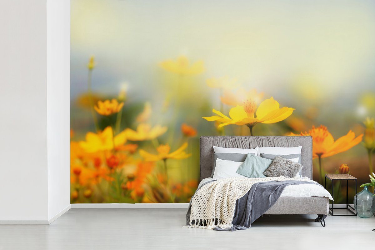 MuchoWow Fototapete Blumen - Wohnzimmer, Matt, Tapete Wallpaper St), für Landschaft Vinyl - bedruckt, Schlafzimmer, (6 Gelb, Kinderzimmer