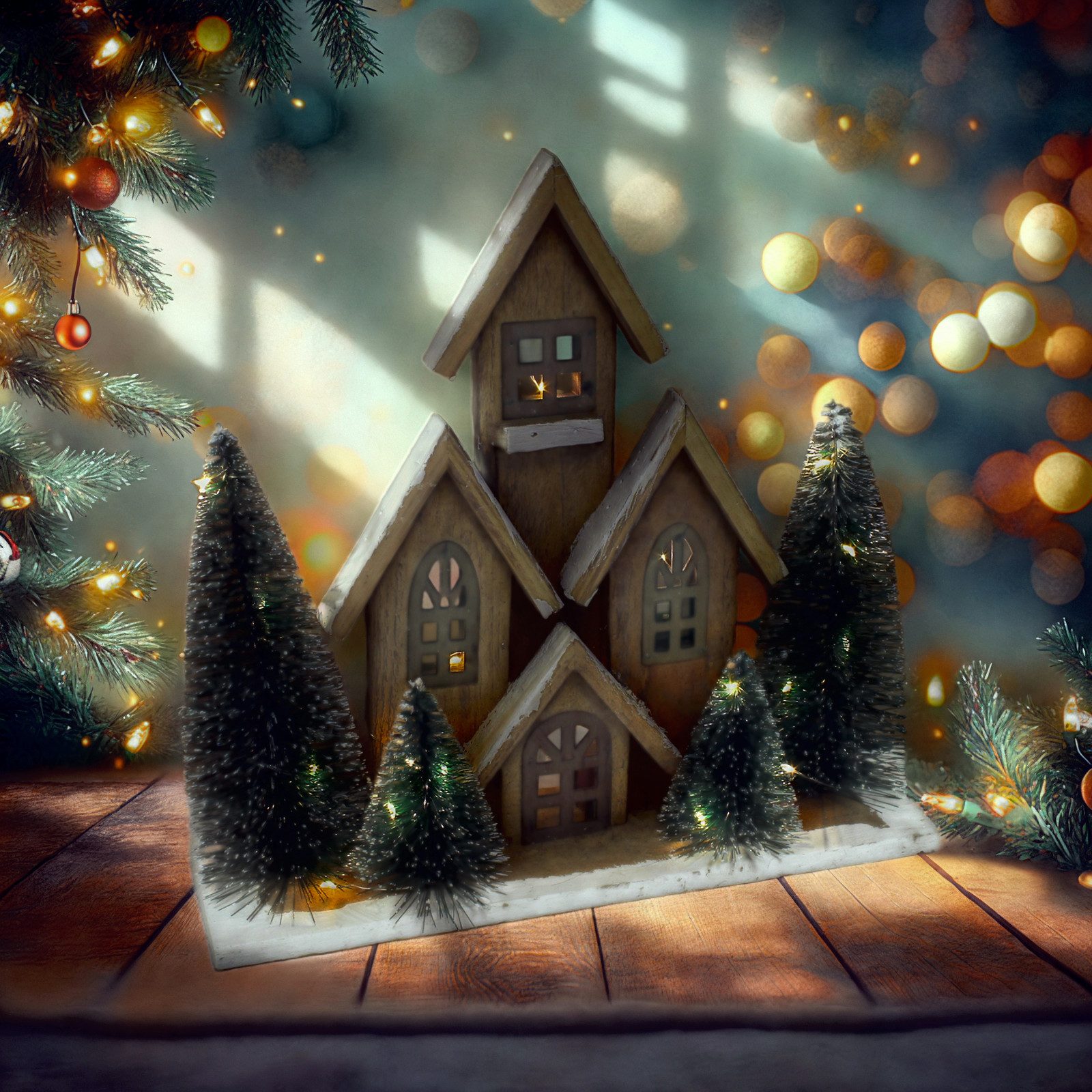 Weihnachtsfigur HAGO24 LED Weihnachtshaus Holzhaus Weihnachtsdeko Schneeoptik 20 LEDs