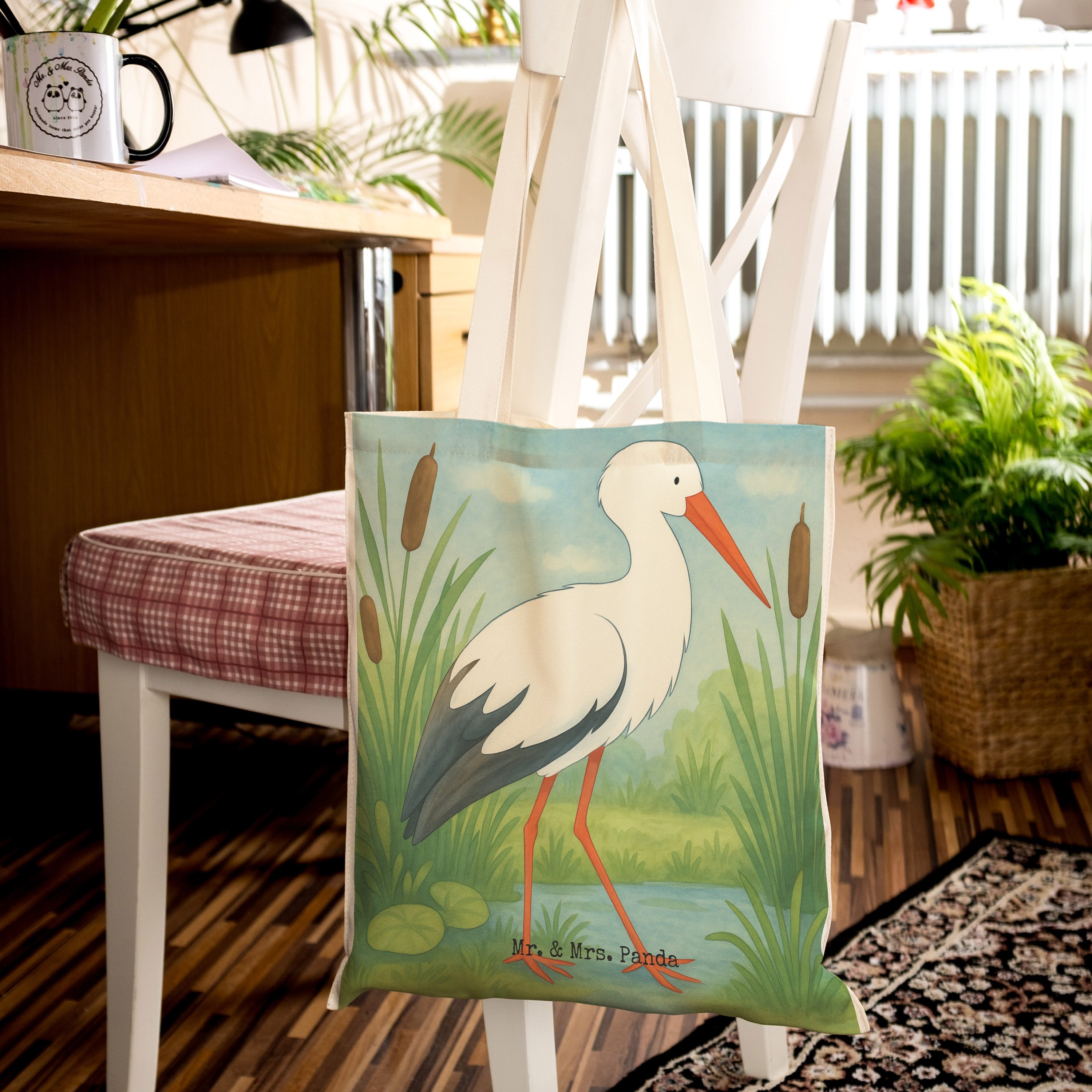 Mr. & Mrs. Panda Tragetasche Storch Design, Tote Bag, Weiß, Störche, Tasche, Stofftragetasche, Sch (Packung), Geschenk Beutel stoffshopper