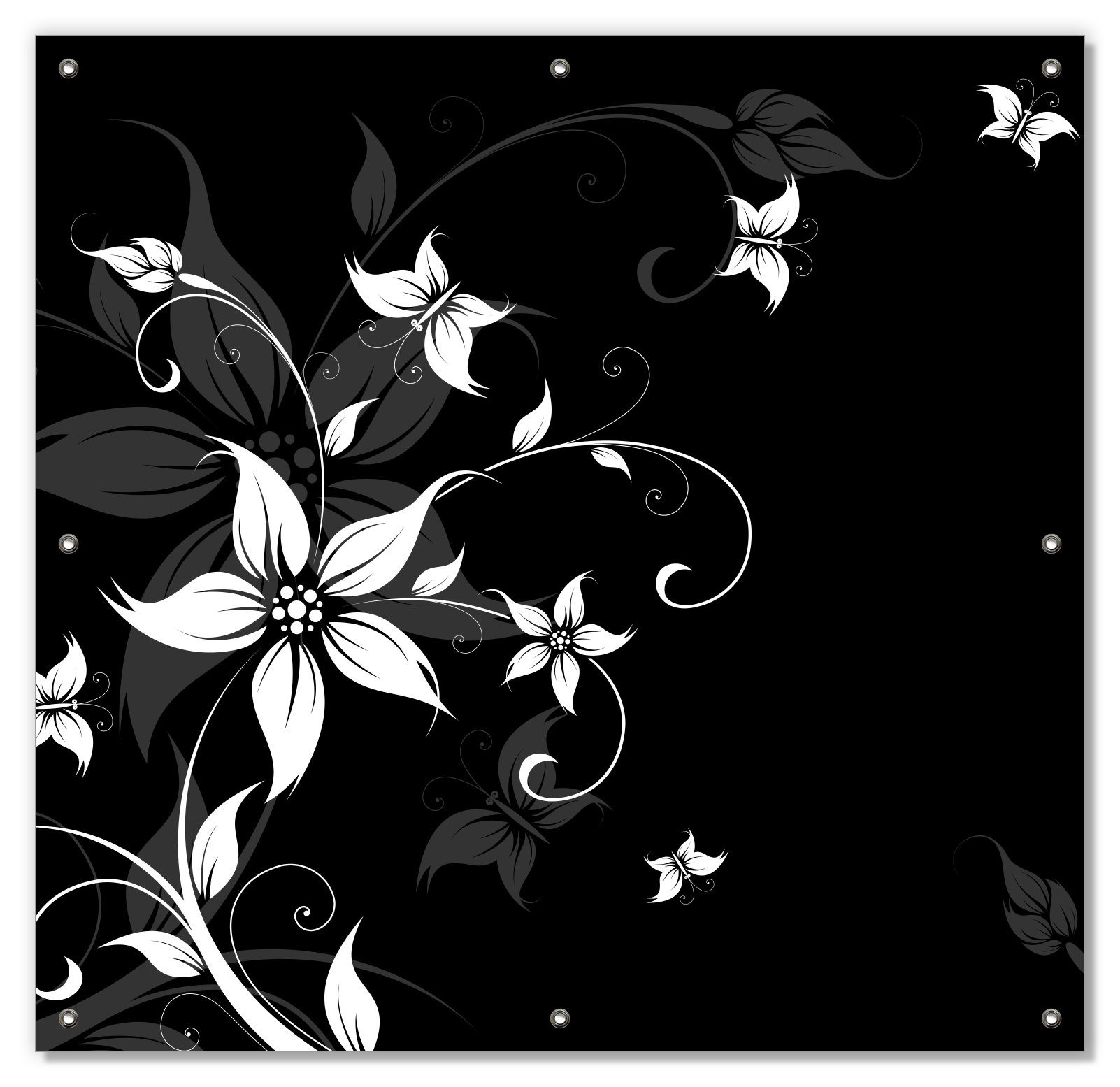 Sonnenschutz Blumenranke in Schwarz-Weiß, Wallario, blickdicht, mit Saugnäpfen, wiederablösbar und wiederverwendbar