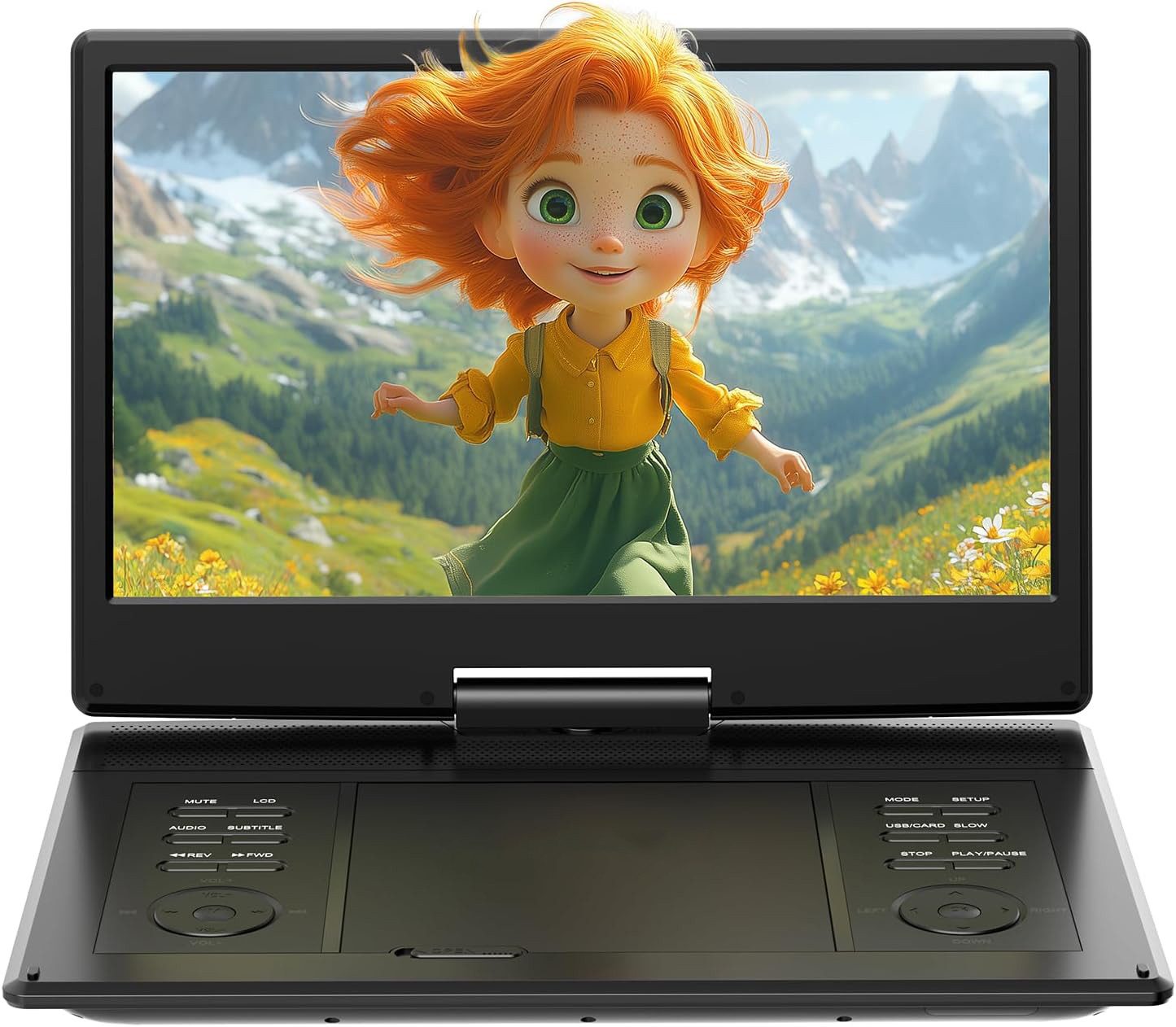 TWUFY 15,7" Tragbarer DVD-Player mit 14,1" HD-Schwenkdisplay Portabler DVD-Player (6 Stunden Wiederaufladbare Batterie, Unterstützung für USB/TF-Karte/AV-Übertragung, Sync TV/Projektor Bildschirm, Unterstützt Mehrere Formate/SD/USB, TV/Beamer-Anschluss)