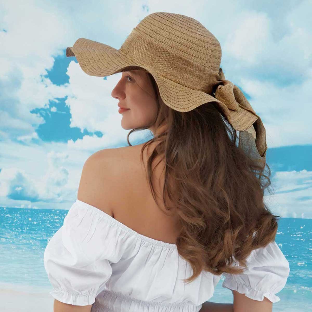 Vivi Idee Strohhut Sonnenhut Sommerhut Strandhut Straw hat, Damen faltbar, Einheitgröße wellenförmiger Rand