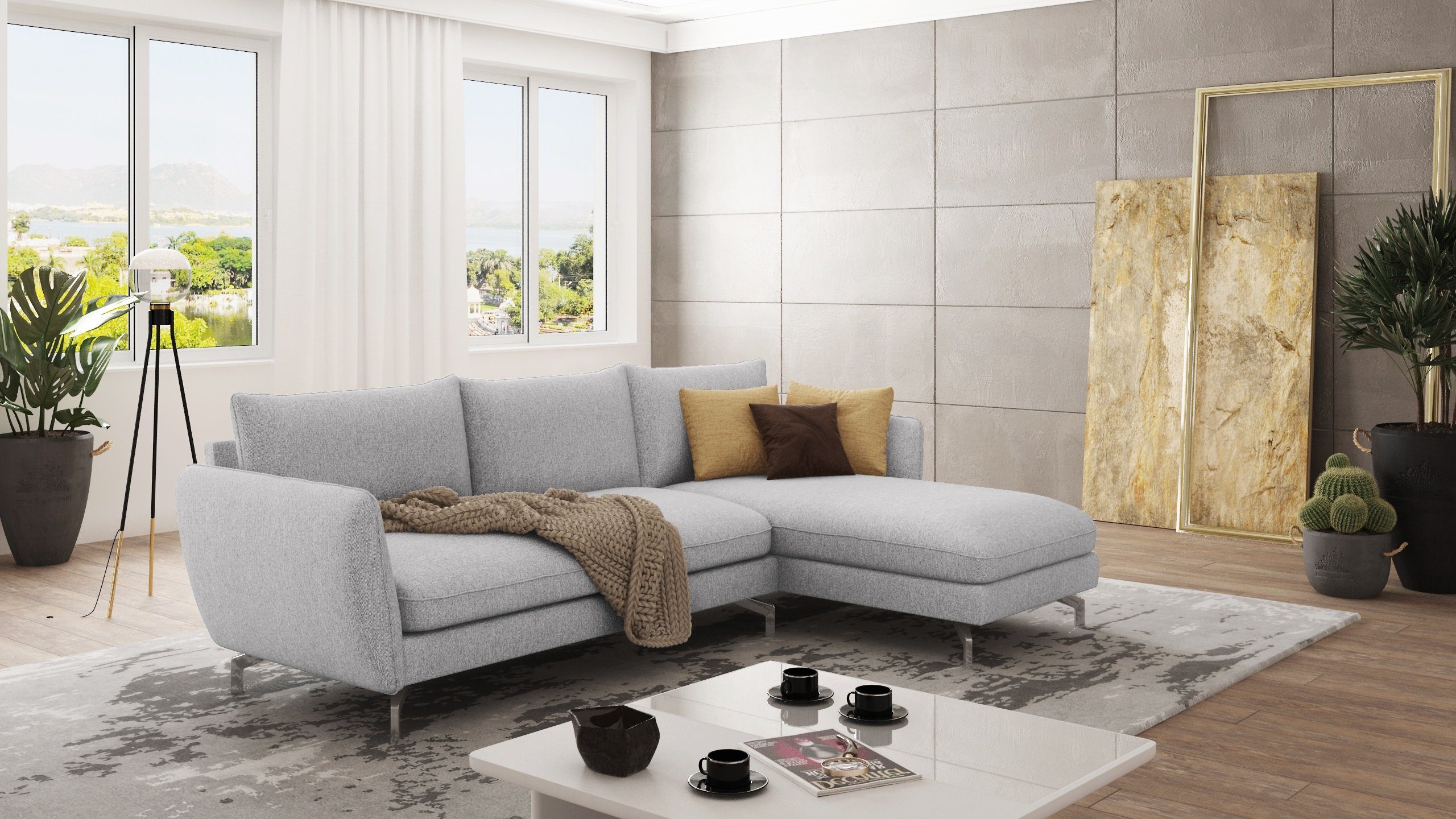 S-Style Möbel Ecksofa Modernes mit mane Benita mit Silber Metall Füßen, mane links oder rechts bestellbar, mit Wellenfederung