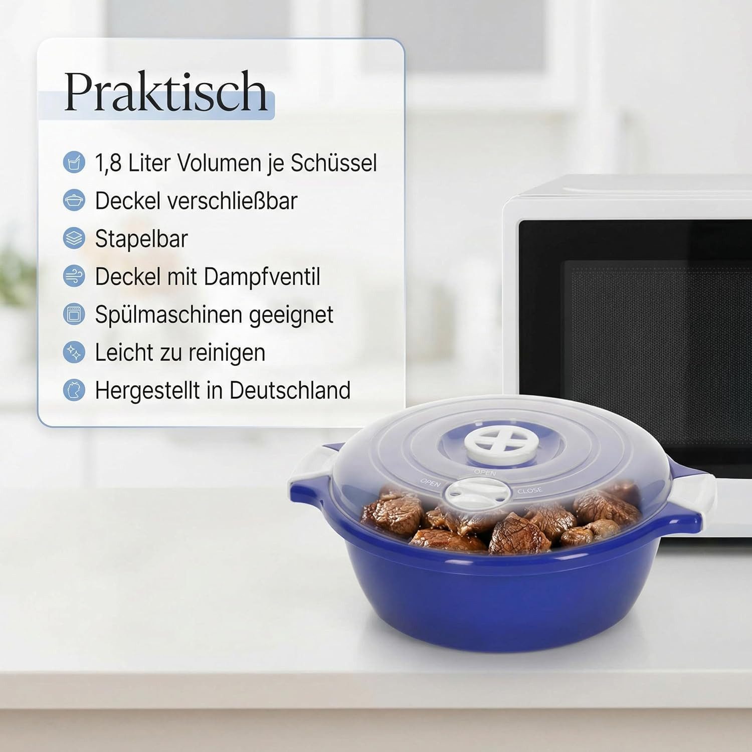 Lantelme Mikrowellenbehälter Mikrowellenschüssel 1,8 Liter blau stapelbar, Kunststoff, (1-tlg., Für Mikrowelle, Gefrier- und Kühlschrank, Picknick), Schüssel Da – Bild 2 von 5